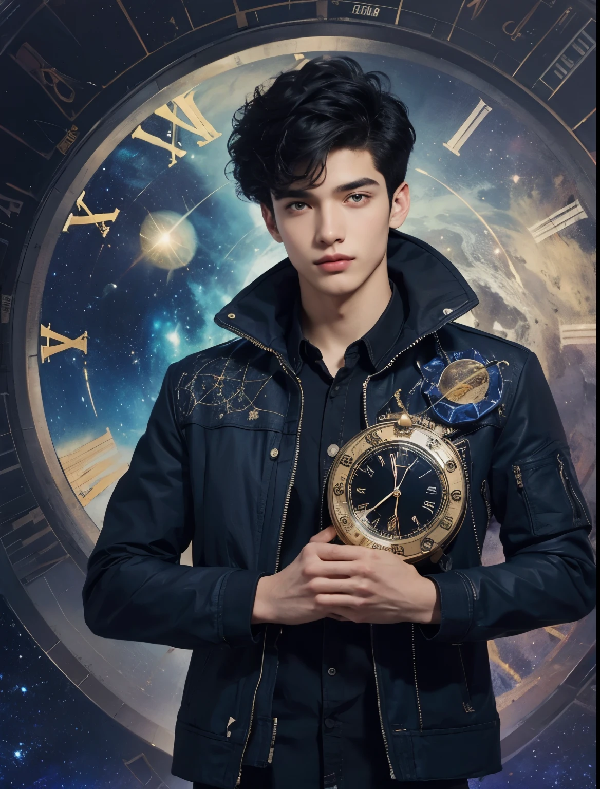 A beautiful man. Twenty years old. Short black hair. wearing a jacket. An image of a clock and outer space on a men's background.