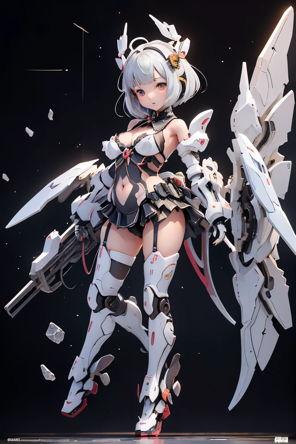 {(japanese young girl)}, (She is fused with futuristic Gundam mecha:1.1), white theme, with headgear, with v-fin , ((unarmored cleavage)), ((unarmored stomach)), ((unarmored upper arms)), ((unarmored face)), (unarmored hands), (unarmored waist), ((unarmored thighs)), (unarmored ankles), japanese girl wear micro bikini, シースルー:1.2, full body:1.5, ,destroyed city background, multilayer textureperfect proportions, octane rendering, duotone lighting, Low ISO, wide aperture, White balance, Rule of thirds, ultra HD16k, HDR (High Dynamic Range), Ray Tracing, NVIDIA RTX, Super Resolution, Subsurface Scattering, PBR Texturing, Post Processing, Anisotropic Filtering, Depth of Field, Maximum Clarity and Clarity, High efficiency subpixel, subpixel convolution, particles of light, light scattered, Tyndall effect, full body:1.5, doggy style, cute, (cute:1.2), (bob cut:1.3),三つ編み, 黒髪, 太い眉毛, 薄い色の虹彩, 大きくて輝いている黒い瞳, 長いまつげ, 小さく薄い色の自然な唇, (Average face of Japanese idols), (日本人特有の童顔:1.3), (baby face), 広いおでこ:1.2, ふっくらした頬, 小さな顎, visible side boob, (mechanical wings), holding weapon,holding huge weapon, holding Very large shield, , asymmetric body,looking at viewer,Focus on the eyes,with sleek and menacing design, (完璧な4本の指, 親指1本),