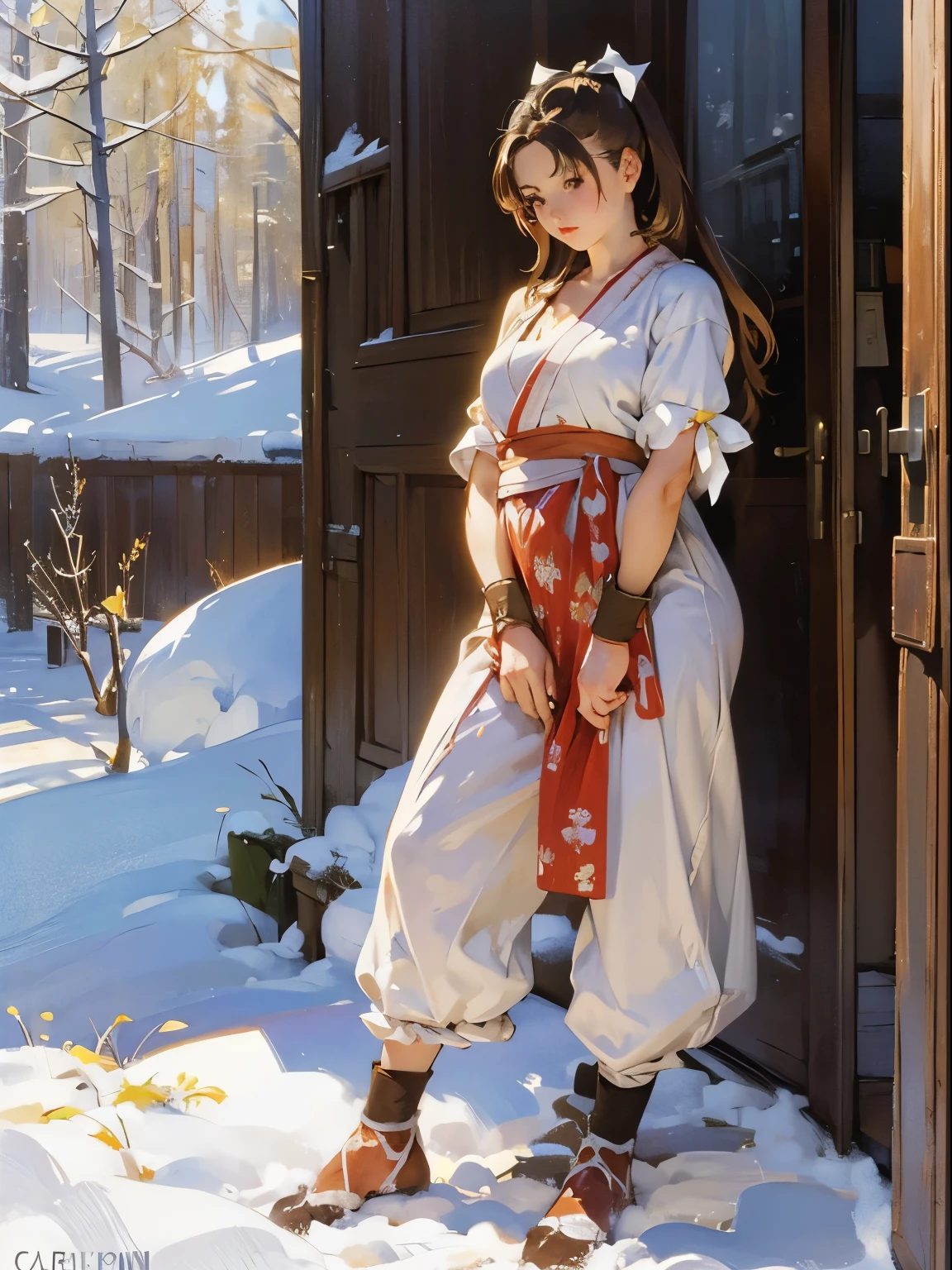art by (Carl Larsson:1.2),(post-Impressionist),monet color,snow,close shot,the whole body,oil painting,soft lighting,COOL,shiranui mai,brown eyes, long hair, brown hair, white ribbon,dynamic sexy pose,whole body,looking at viewer,