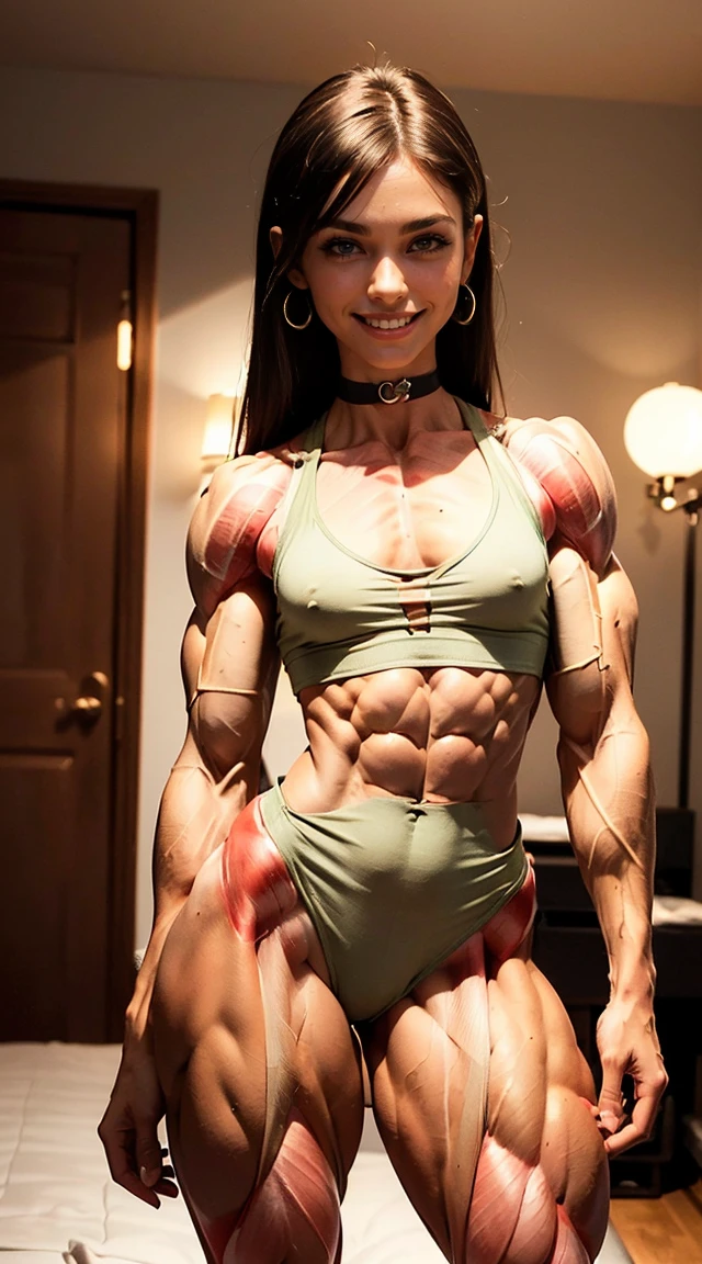 (Muscular:2), (thick muscular thighs, wide hips:2), (latina female:1.5), (tan skin:1.5), (bangs), adult, long hair, wearing glasses, earings, eyeshadow, lipstick, bokeh, (eight pack abs:0.9), (freckles:0.9), (upper body view), (striations), (hard nipples:1.1), (small perky breasts:1.4), choker, (Playful romper in a vibrant pattern:1.4), (sculped muscles:1.4), detailed eyes, (athletic body:1.5), (muscular body:2), (looking at viewer), (smile, naughty look:1.5), dark bedroom, (dawn lighting), rim lighting, two tone lighting, dimly lit, clean skin, low key (DETAILED SKIN)