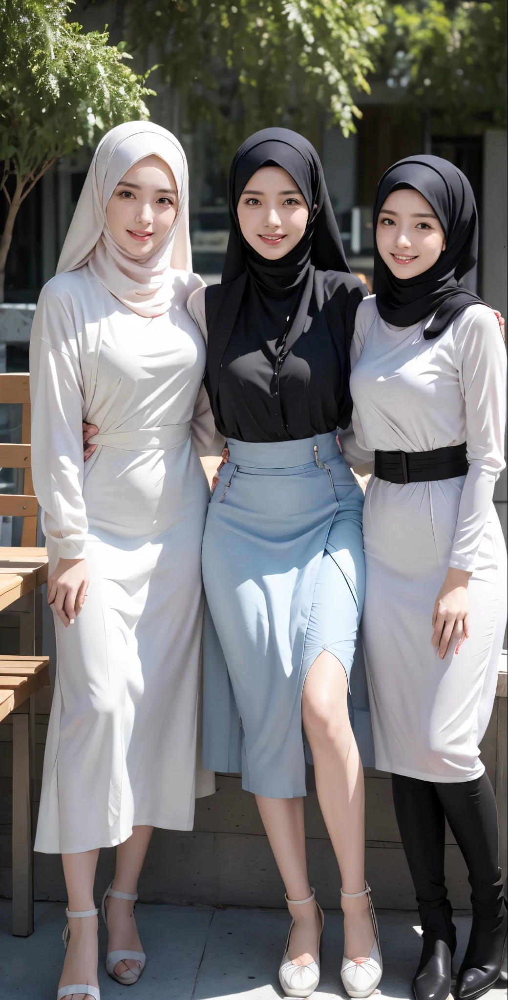 masutepiece, Best Quality, Illustration, Ultra-detailed, finely detail, hight resolution, 8K Wallpaper, Perfect dynamic composition, Multiple people,hijab, smile lips, (3 girls taking photos), Girls holding hand holding a small bag, Position: Sitting on a chair at a table, looking to the side was laughing, Beautiful detailed eyes, Natural Lip, Wear hijab moslem, Muslim gamis clothing, fancy jubba thobbe, photo full body, (close-up photo), view of the blue sky, close-up photo, hand holding a small bag, show your big tits, people hijab, all the girls were hand holding a small bag