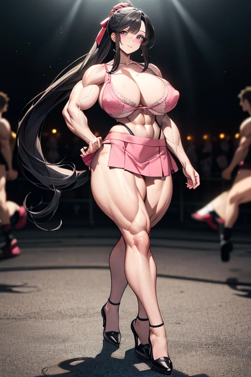 Best quality,8K,ultra high res:1.5),(Pretty very very long ponytail hair tied with red ribbon girl),(Huge breasts:1.20),(very voluptuous body),(very voluptuous thigh),(body builder girl:1.5),(wide muscle:1.8),(light smile),(eyes to camera),(light black hair),(pink bra),(pink short skirt),(nipples),(sexy abdominal muscles),(black shoes),(walking)