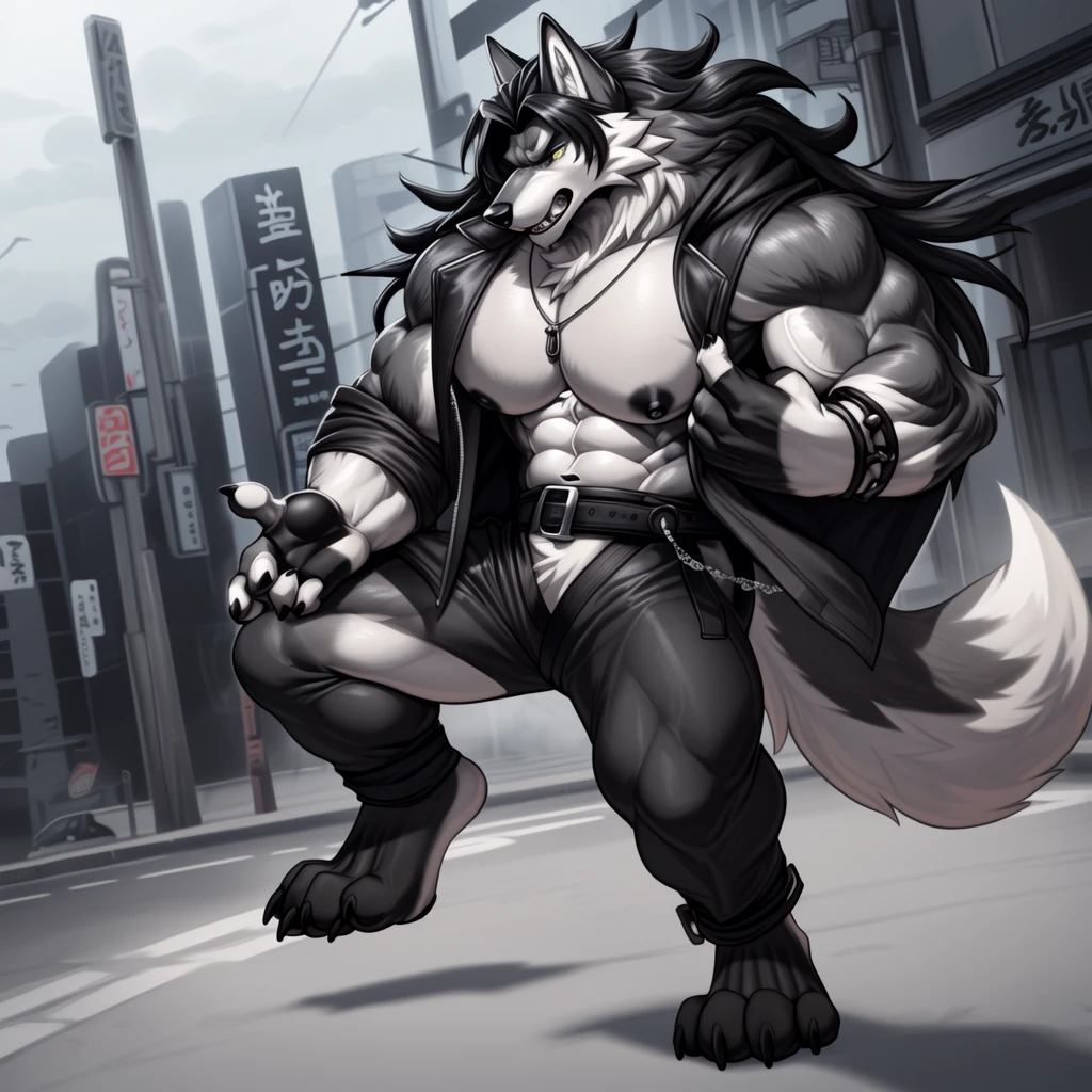 (upload on e621), (Masterpiece), (best quality), (ultra high res), 4K, (8k HD), 2D, (perfect anatomy), (digital art), (official art), (extreme detailed), (ultra detailed), (strapsanime), color, (soft shading), (sharp focus), (((excessive silver wind aura both arms))), (((wolf civilian))), (((tokyo city background))), 1man, dark black body fur, (((dark black muscular arms))), silver pecs and belly, detailed fluffy fur, (ultra detailed face), detailed eyes, detailed iris eyes, detailed yellow eyes, white sclera, black pupils, (((big navel))), (((abs))), (((pectoral))), (((martial art style pose))), (((black claw nails))), furry wolf male, mature male, (((full body))), (((dark black giant bulky muscular body fur))), canid, (((huge black nipples))), (huge muscles), (((hyper muscles))), (((huge pecs))), (((oversize pecs))), (((giant biceps))), canine, canis, mammal, dark black wolf, (((powerful wolf god))), wolf male, fierce face, serious expression, (((badass))), wolf anthro, solo, standing, (((wearing full complete sleeveless black and silver long coat jacket))), (((black and silver full complete sleeveless long coat jacket))), (((dark black longest hair))), (((dark black longest back hair))), (((dark black longest hair front lay on pecs))), (((perfect fingers))), (((five fingers))), (((dark black hands and fingers))), (((wearing fingerless black and grey gloves))), (((black and grey fingerless gloves))), (((black armband on biceps))), (((three black armbands on forearms)), (((large longer black prayer beads necklaces on pecs))), (((wind effect on his prayer beads necklaces))), (((dark black and silver underside long wolf tail))), (((black long pants with silver stripes with belt straps on both legs))), (((excessive silver wind aura flow entire body)))
