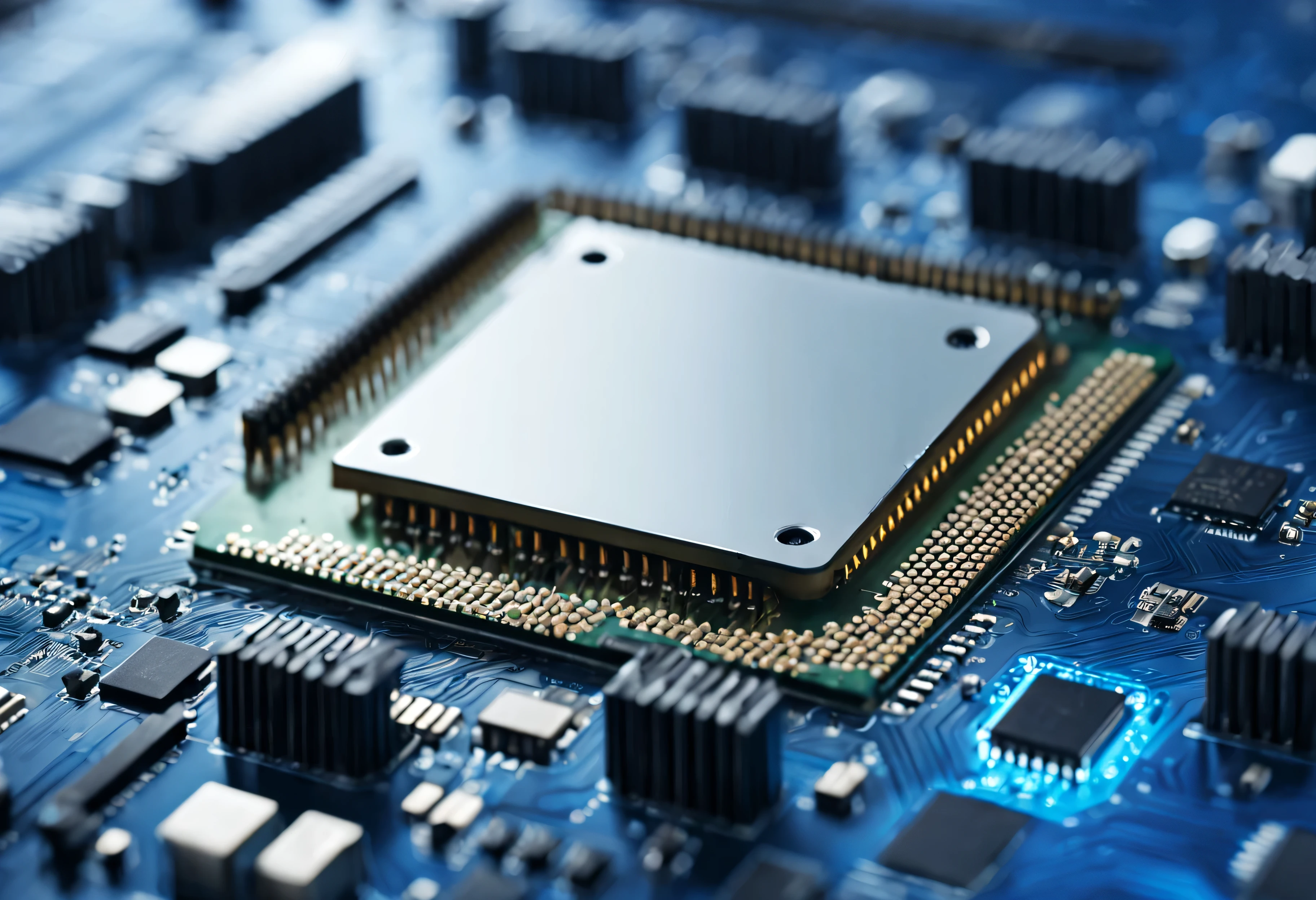 closeup of an advanced GPU ram microchip or cpu of a powerful computer board for artificial intelligence technology as wide banner design with copy space area futuristic background mockup, up view, blue tones