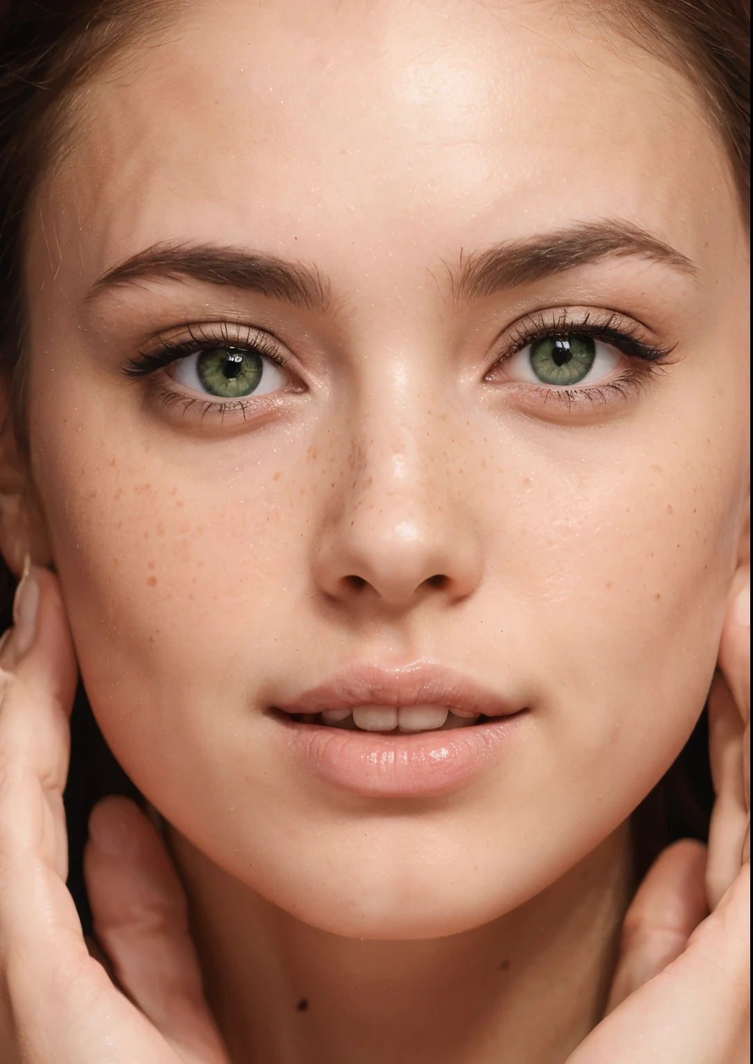 Real girl with freckles and green eyes