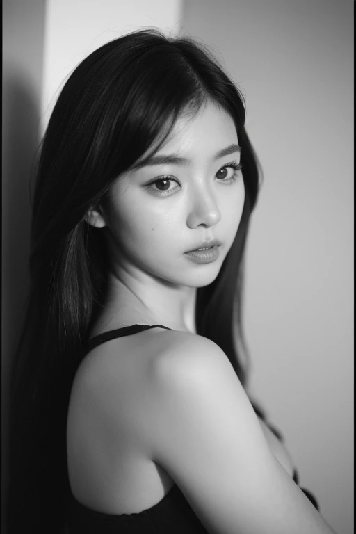 Photo of a beautiful korean kpop idol woman, verano, libidinoso, film grain, Ilford HP5, 80mm, posando de lejos, cuerpo completo, no muestra las manos, tiene senos grandes