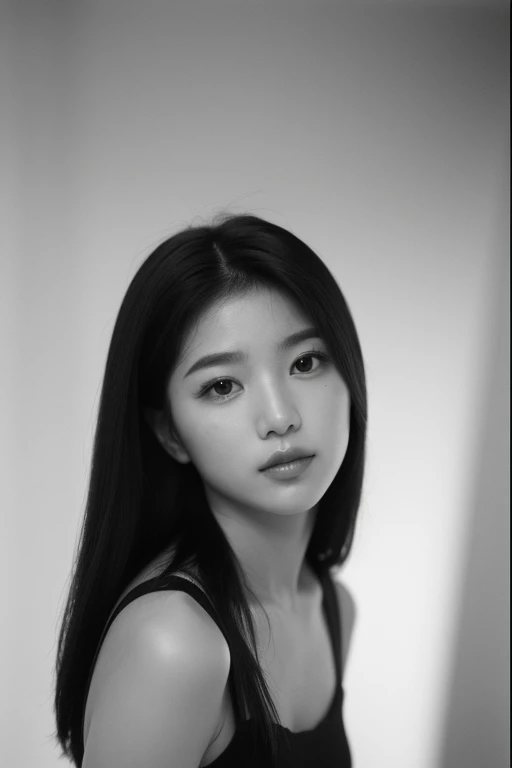 Photo of a beautiful korean kpop idol woman, verano, libidinoso, film grain, Ilford HP5, 80mm, posando de lejos, cuerpo completo, no muestra las manos, tiene senos grandes