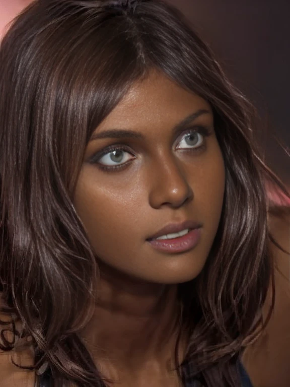 (((dark brown skin tone:1.2))), curvaceous body, portrait of a pink hair Brazilian model::1 natural lighting::1 serious::1 natural features::1 35mm lens::1 global illumination::1 uplight::1 dof --ar 16:9 --q 2, sexy pose, pink hair, (short bangs hair:1.36), detailed yellow eyes, narrow waist, depth of field, 1girl, big nose, (full nose:1.3), (on a background:1.3), (full body), big breasts, wide hips, athletic figure, ((thigh cutout)), oily skin,