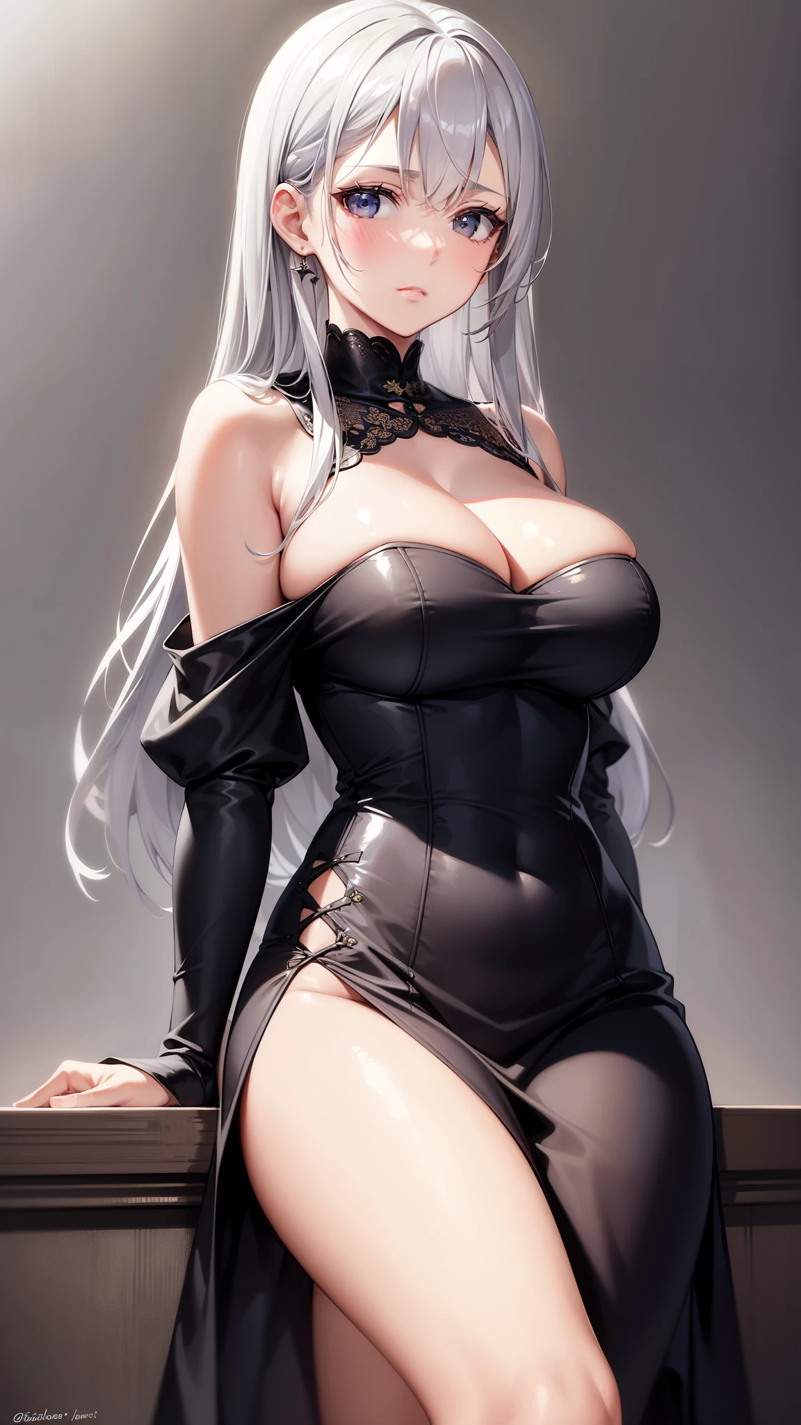 ((masterpiece)), ((best quality)), ((alone, Silver-haired))Off the shoulder dress,big breasts,, ((military portrait)), Delicate and carefully crafted silver hair, calm expression, Military uniforms with various insignias, Soft lighting highlights cheekbones, Realistic wrinkles and fine lines, High resolution and complex shadows, Delicate texture, Subtle blush, Eyes calm and calm, Accurately depicted military accessories, Realistic fabric folds, Depth of field adds a three-dimensional feel.