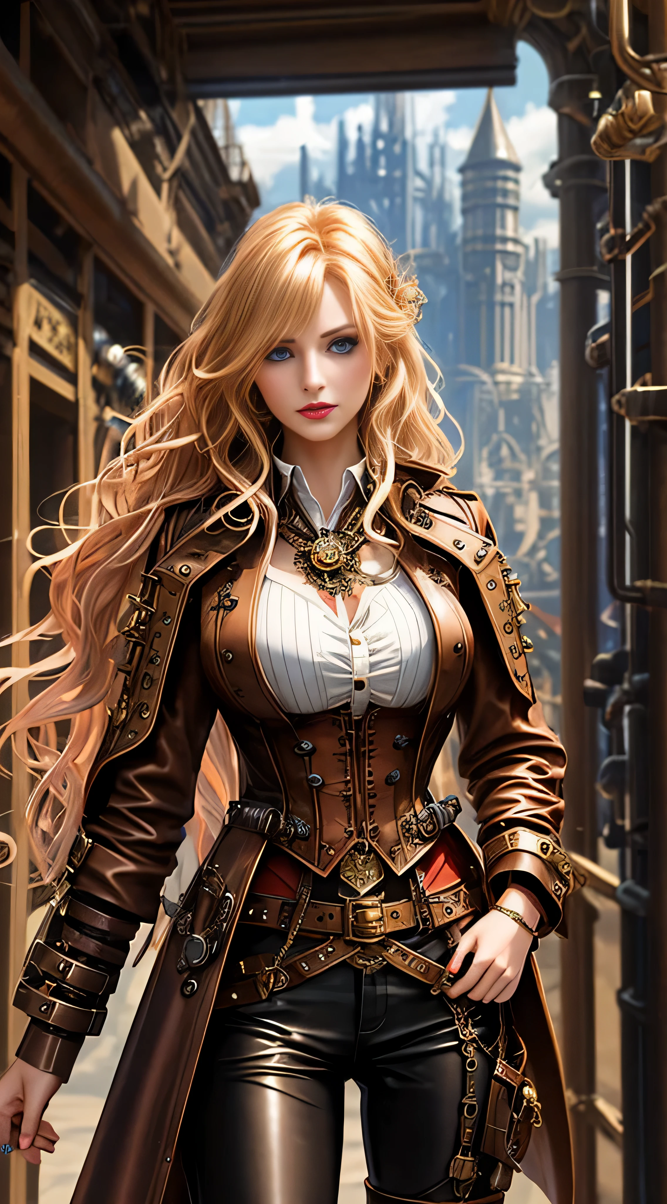 Woman in steampunk costume, wearing steampunk outfit, steampunk fantasy style, (Steampunk), steampunk beautiful goddess, steampunk beautiful woman, Steampunk style, steampunk fantasy, steampunk inventor woman, long blonde wavy hair, bangs covering eyes, blue eyes, white skin, serious dignified face, burgundy lips, brown tight leather pants, brown low-cut leather vest, brown long leather boots, standing on a metal platform Set in a steampunk world, vivid steampunk concept