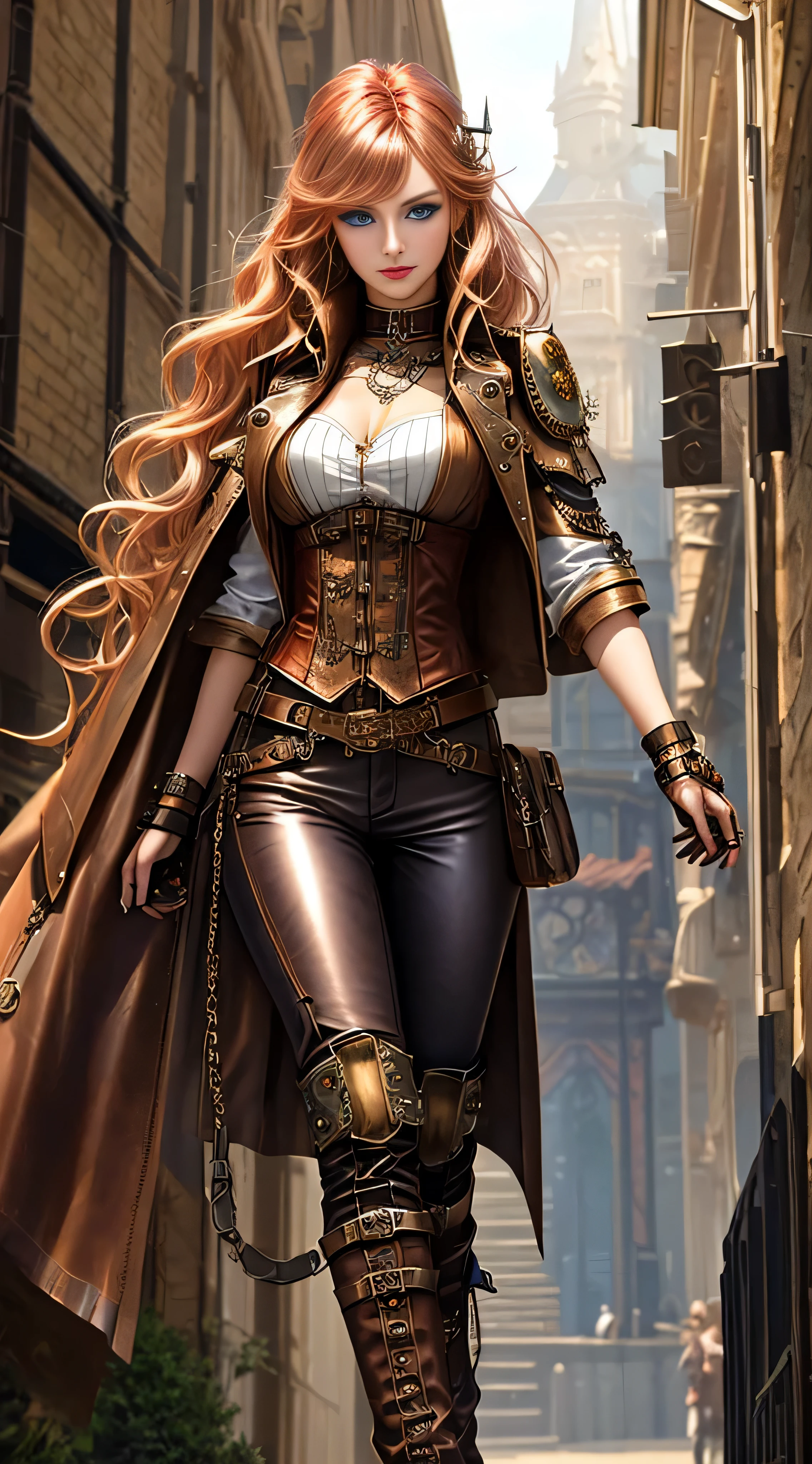 Woman in steampunk costume, wearing steampunk outfit, steampunk fantasy style, (Steampunk), steampunk beautiful goddess, steampunk beautiful woman, Steampunk style, steampunk fantasy, steampunk inventor woman, long blonde wavy hair, bangs covering eyes, blue eyes, white skin, serious dignified face, burgundy lips, brown tight leather pants, brown low-cut leather vest, brown long leather boots, standing on a metal platform Set in a steampunk world, vivid steampunk concept