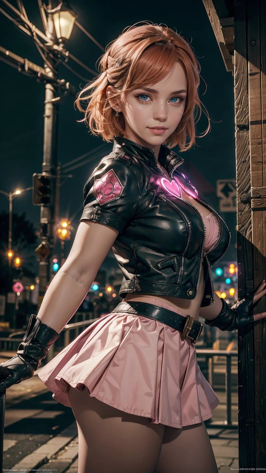 1 girl,cowboy shot, Beautiful Nora_Valkyrie, looking at the viewer, smile, short hair, blue eyes,heart cutout, gloves, Jacket, pink skirt, Pink belt, short sleeve, puffy sleeves, Single armband, fingerless gloves, orange hair, pink gloves, dynamic pose, night, outdoor, city, (volume lighting), highest quality, masterpiece, intricate details, tone mapping, sharp focus, very detailed, Trending with ArtStation,