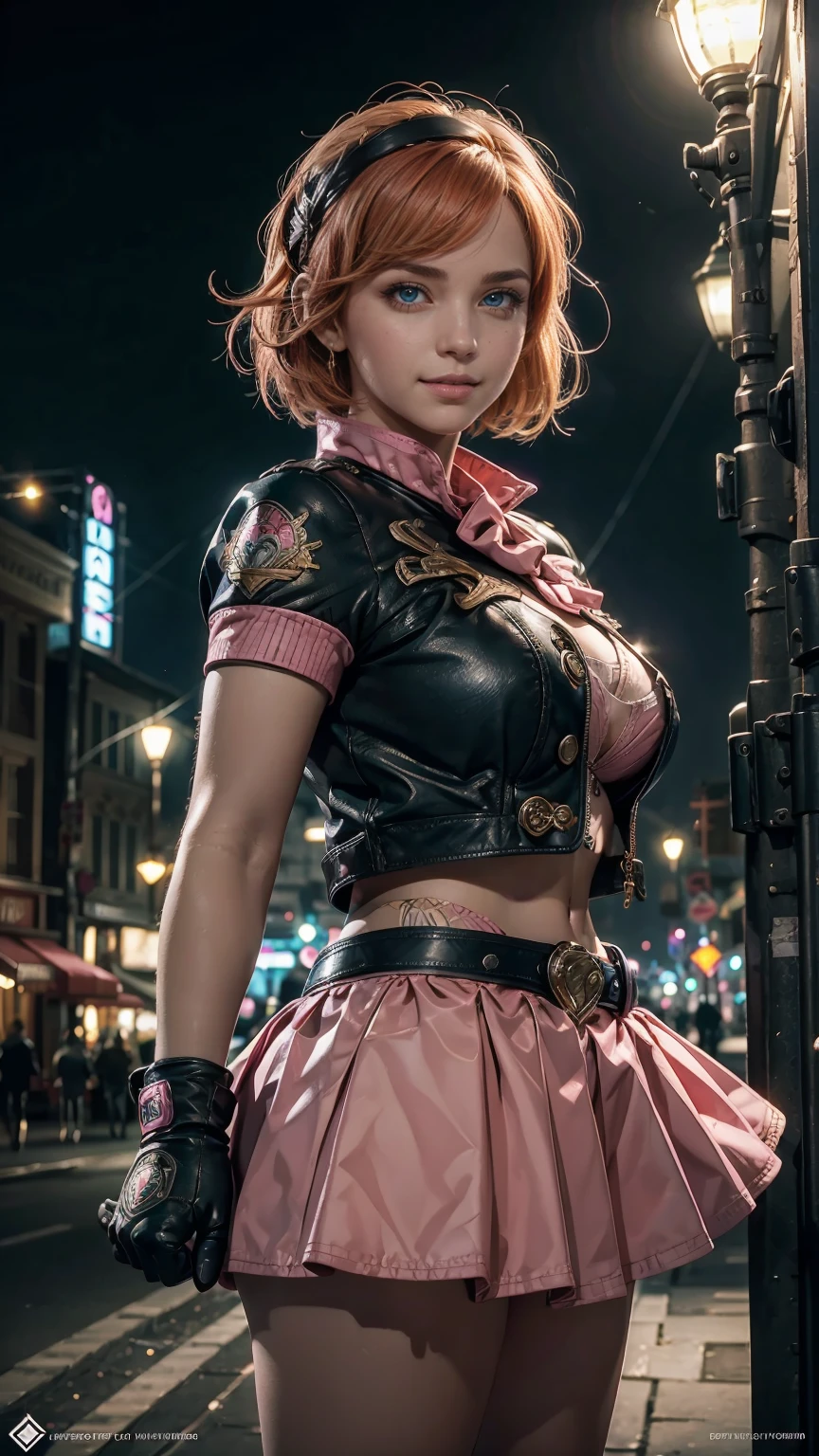 1 girl,cowboy shot, Beautiful Nora_Valkyrie, looking at the viewer, smile, short hair, blue eyes,heart cutout, gloves,  Jacket, pink skirt, Pink belt, short sleeve, puffy sleeves, Single armband, fingerless gloves, orange hair, pink gloves, dynamic pose, night, outdoor, city, (volume lighting), highest quality, masterpiece, intricate details, tone mapping, sharp focus, very detailed, Trending with ArtStation,