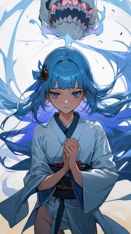 {{{{amazing quality, great quality, high quality, very aesthetic, aesthetic, best quality}}}}, 
realistic, photo, shadow, Three-dimensional, absurdres, Digital art, 
{{{{Magical girl}}}}, beautiful girl, one girl, 
light blue hair, long straight hair, hair, trimmed hair, shiny hair, blunt bangs, short sideburns, 
blue eyes, tareme, 
{{flat chest}}, {{small breasts}}, {{detailed body}}, slim thighs, thin thighs, 
{{white mini kimono}}, {{yellow kimono obi}}, {{skull-shaped hair ornament}}, {{barefoot, Geta for women}}, No panties, no bra, torn clothes, wet clothes, melted clothes, damaged clothes, take off one's clothes, transparent clothes, lift the body, defeat, inferiority, sexual pleasure, troubled face, shy, orgasm, trembling, disheveled hair, groin, groin, Peeing, restrain the arms, restraining legs, disheveled hair, upper body, Massaged by multiple monster's hand, Mangled by multiple monster's hand, monster's hand floating in the air, {{shinshi-hands}}, 