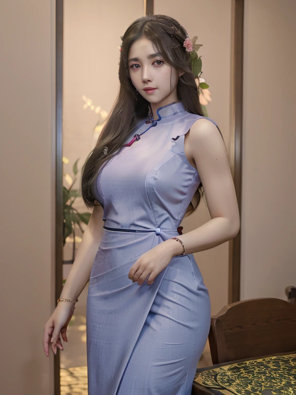 Photorealistic, high resolution, 1 woman, hips up, Beautiful eyes, Long hair, ringed eyes, jewelry, cheongsam