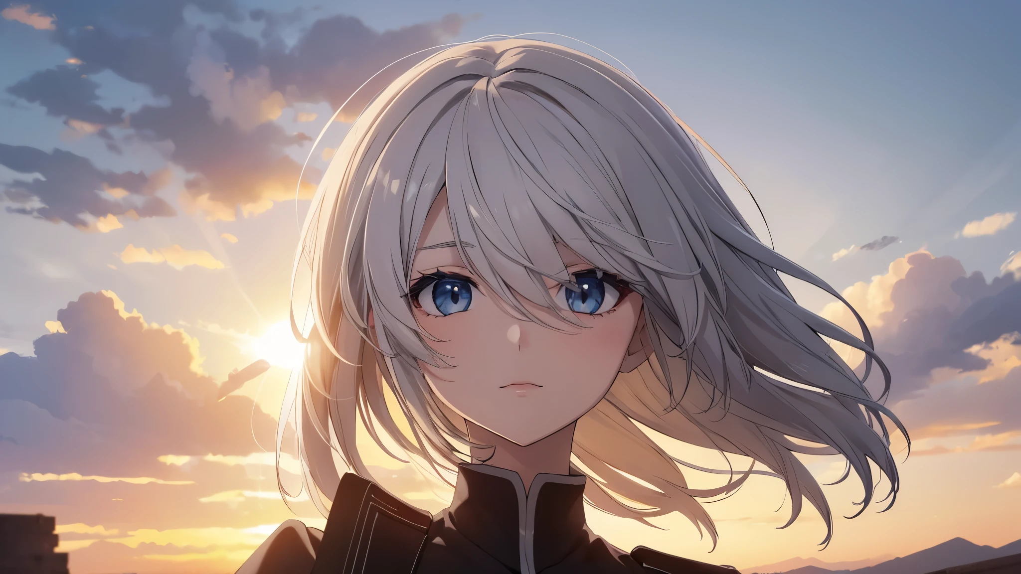 The Perfect Girl, perfect details, Ultra HD |, 8K, Professional photo(extremely detailed CG unity 8k wallpaper), (masterpiece), (best quality), (ultra-detailed), (best illustration), (best shadow), (absurdres), 2b, 1girl, long hair, normal size , white hair, Intimidating women, admiral uniform, night, hero pose, white clothes, General Uniform, Military Uniform, Dawn, exposed to sunlight, commander, black clothes, sunkissed, sunset background, close face