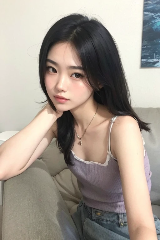 Arafed asian woman sitting on a sofa with hand on chin, xisionwu, muchacha coreana, chen xintong, 18 years, 19 year old girl, Young cute pale asian face, foto de chica delgada, beautiful asian girl, hermosa mujer surcoreana, wenfei ye, hermosa joven coreana, asian girl, preciosa modelo china