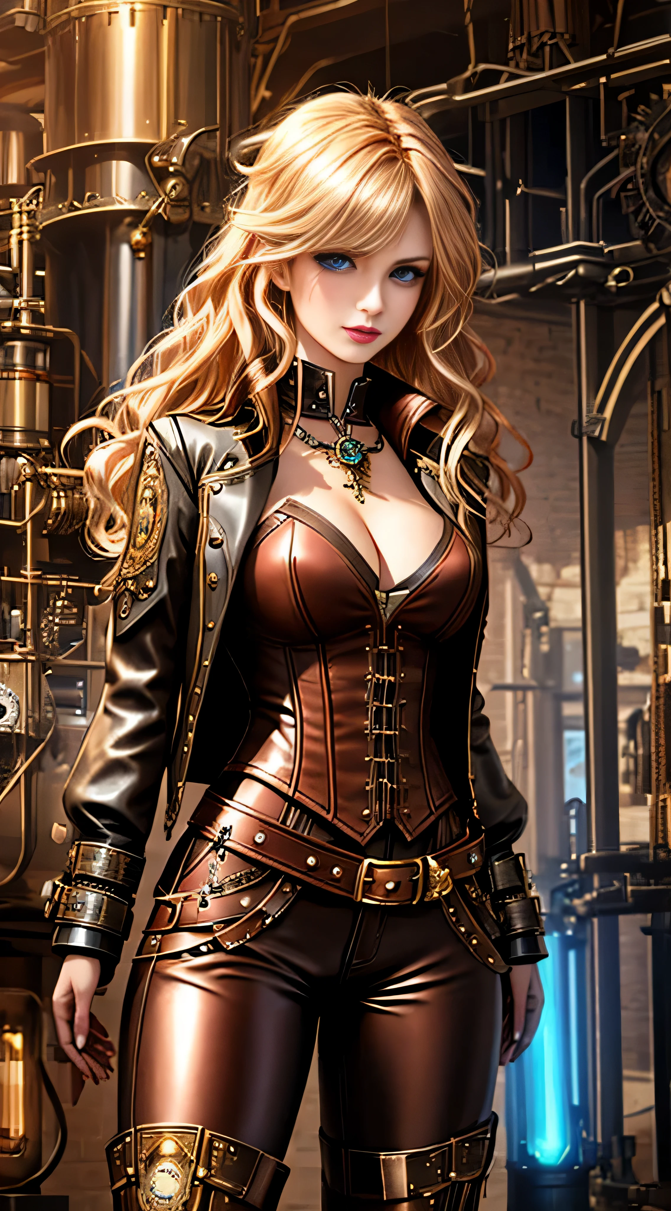 Woman in steampunk costume, wearing steampunk outfit, steampunk fantasy style, (Steampunk), steampunk beautiful goddess, steampunk beautiful woman, Steampunk style, steampunk fantasy, steampunk inventor woman, long blonde wavy hair, bangs covering eyes, blue eyes, white skin, serious dignified face, burgundy lips, brown tight leather pants, brown low-cut leather vest, brown long leather boots, standing on a metal platform Set in a steampunk world, vivid steampunk concept