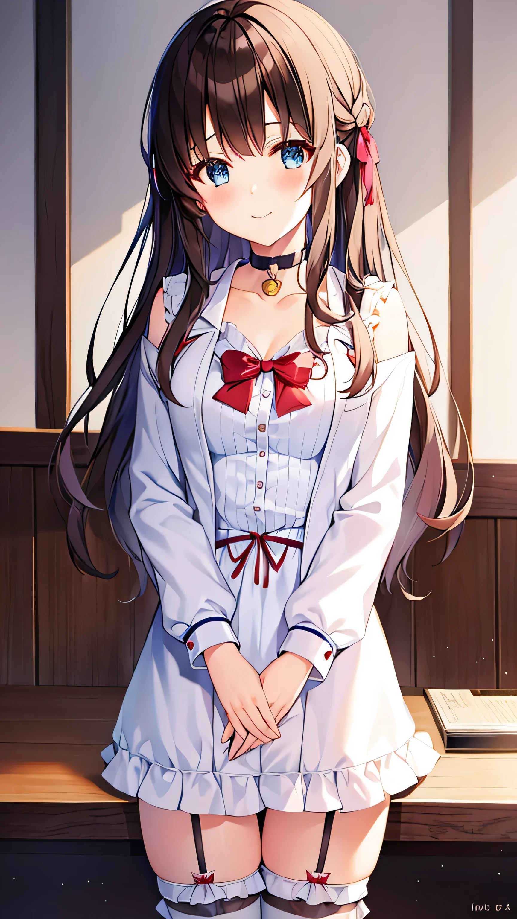 1 girl, Ichinose_Shiki, 独自of, breast, 长of_hair, 高抬leg, 蓝色of_Eye, garter_Shoulder strap, split, Smile, 棕色of_hair, hair_bow, watching_exist_audience, bow, two_side_up, 中等of_breast, sitting, 红色of_bow, hand_between_leg, clavicle, signexisture, ahog, collar, between_leg, off_Shoulder, blush, labcoexist, Bangs, 模糊of, 棕色of_高抬leg, 波浪状of_hair, skirt, only_Shoulders, closure_Mouth, 模糊of_background, :3, cross-laced_clothing, 红色of_skirt, _username, 黑色of_collar, 黑色of_高抬leg, Open_clothing, depth_of_site,