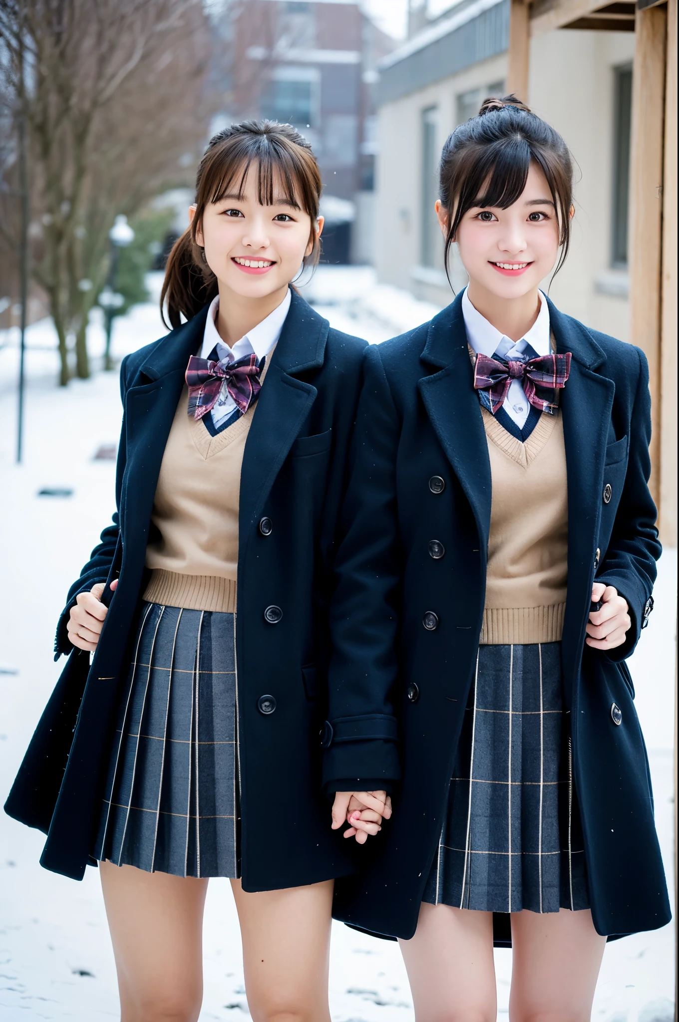 2 girls standing in snowy school yard,navy blue overcoat,plaid bow tie,plaid pleated skirt,18-year-old,bangs,a little smile,thighs,knees,short cut hair,low ponytail,from below,front-lighting