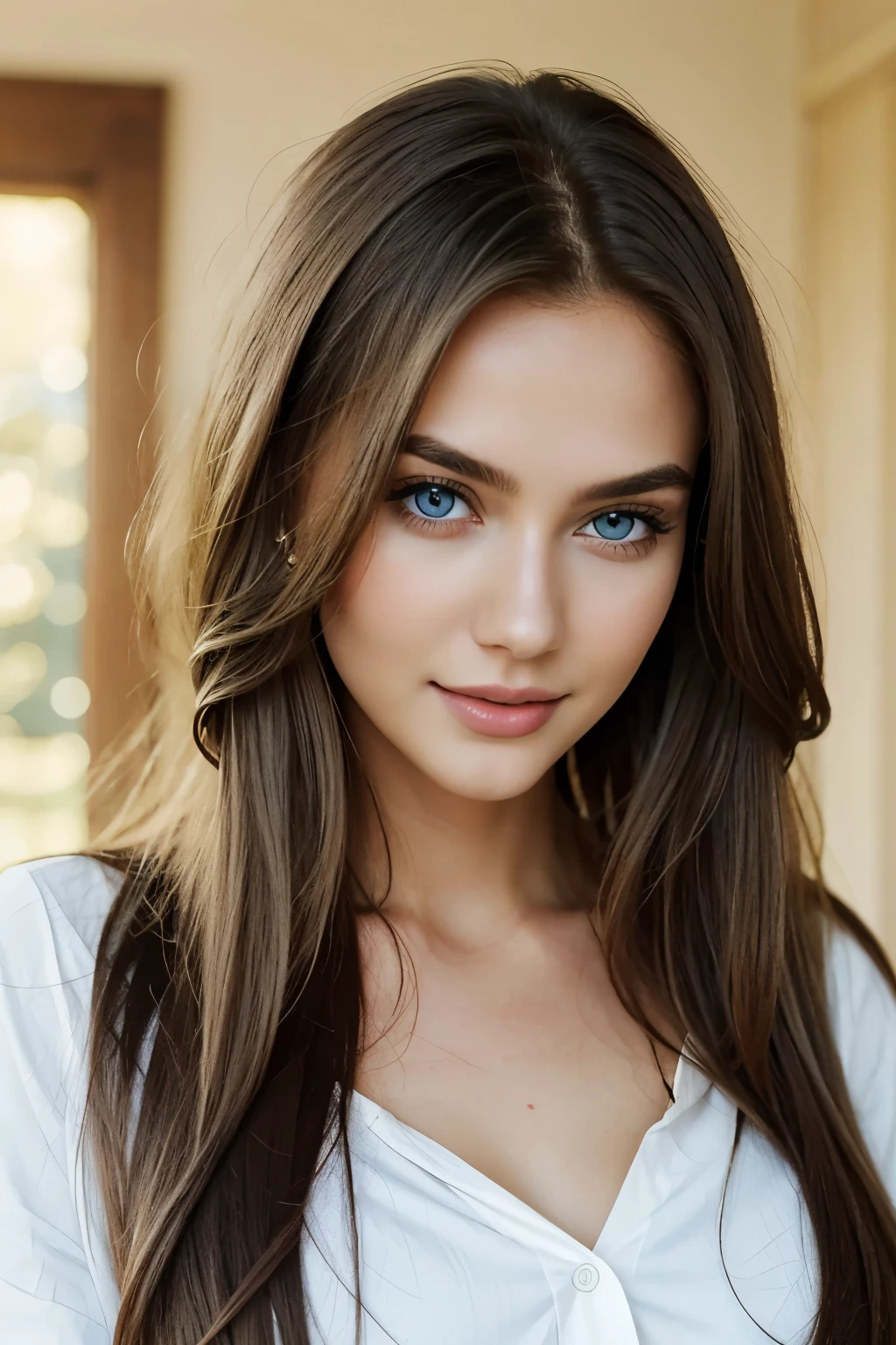 Young gorgeous blonde girl, around 20 years old, with long, sleek hair that falls over her shoulders, sparkling blue eyes that meet the viewer's gaze directly, full lips that appear invitingly, a fair complexion, and a slender figure clad in a tight-fitting white blouse and jeans. Her eyes are expressive and full of life, and she wears minimal makeup that enhances her natural beauty. The background is blurred, drawing all attention to her radiant face and confident demeanor. The image is captured in high resolution, with intricate details that bring out the genuine glow of her skin and the luster of her hair. The overall effect is captivating