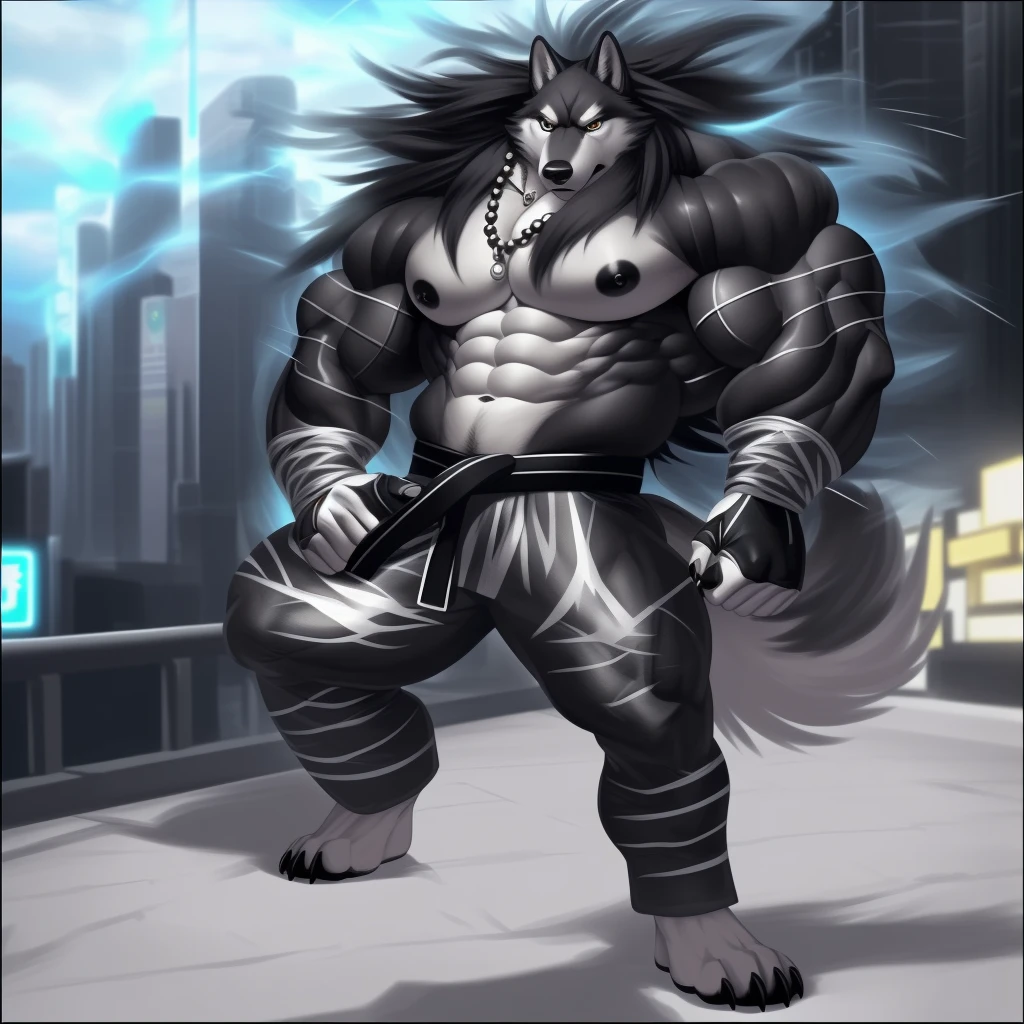(upload on e621), (Masterpiece), (best quality), (ultra high res), 4K, (8k HD), 2D, (perfect anatomy), (digital art), (official art), (extreme detailed), (ultra detailed), (strapsanime), color, (soft shading), (sharp focus), (((excessive silver electricity and wind aura both fists)), (((tokyo city background))), 1man, dark black body fur, (((dark black muscular arms))), silver pecs and belly, detailed fluffy fur, (ultra detailed face), detailed eyes, detailed iris eyes, detailed yellow eyes, white sclera, black pupils, (((big navel))), (((abs))), (((pectoral))), (((martial art style))), (fight pose) (((black claw nails))), furry wolf male, mature male, (((full body))), (((dark black giant bulky muscular body fur))), canid, (((huge black nipples))), (huge muscles), (((hyper muscles))), (((huge pecs))), (((oversize pecs))), (((giant biceps))), canine, canis, mammal, dark black fury wolf, (((powerful wolf god))), wolf male, intense face, serious expression, (((badass))), wolf anthro, solo, standing, (((wearing full complete sleeveless black and silver long coat jacket))), (((black and silver full complete sleeveless long coat jacket))), (((dark black longest hair))), (((dark black longest back hair))), (((dark black longest hair front lay on pecs))), (((perfect fingers))), (((five fingers))), (((dark black hands and fingers))), (((wearing fingerless black and grey gloves))), (((black and grey fingerless gloves))), (((black armband on biceps))), (((three black armbands on forearms)), (((large longer black prayer beads necklaces on pecs))), (((electricity and wind effect on his prayer beads necklaces))), (((dark black and silver underside long wolf tail))), (((black long pants with silver stripes with belt straps on both legs))), (((excessive silver electricity and wind aura flow entire body)))