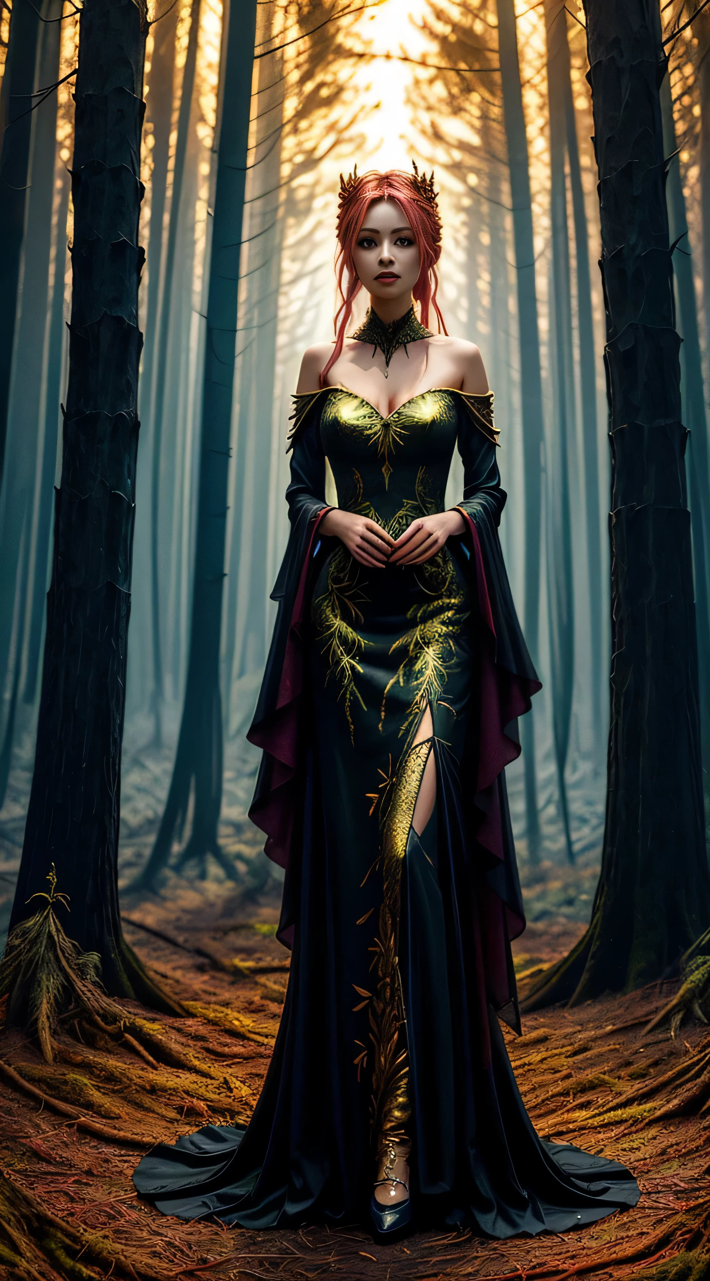 full body illuminated full body Create a highly detailed and realistic image of a stunning, elegant, and wicked princess standing in a mysterious, haunted, and flaming forest. The vegetation is scorched, and the trees, She is dressed in a long, black, gown, golden embroidery, and she