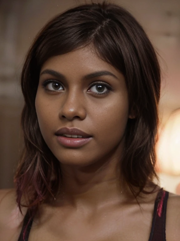 (((dark brown skin tone:1.2))), curvaceous body, portrait of a pink hair Brazilian model::1 natural lighting::1 serious::1 natural features::1 35mm lens::1 global illumination::1 uplight::1 dof --ar 16:9 --q 2, sexy pose, pink hair, (short bangs hair:1.36), detailed yellow eyes, narrow waist, depth of field, 1girl, big nose, (full nose:1.3), (on a background:1.3), (full body), big breasts, wide hips, athletic figure, ((thigh cutout)), oily skin,