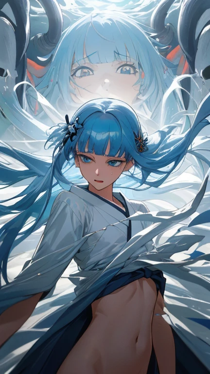 {{{{amazing quality, great quality, high quality, very aesthetic, aesthetic, best quality}}}}, 
realistic, photo, shadow, Three-dimensional, absurdres, Digital art, 
{{{{Magical girl}}}}, beautiful girl, one girl, 
light blue hair, long straight hair, hair, trimmed hair, shiny hair, blunt bangs, short sideburns, 
blue eyes, tareme, 
{{flat chest}}, {{small breasts}}, {{detailed body}}, slim thighs, thin thighs, 
{{white mini kimono}}, {{yellow kimono obi}}, {{skull-shaped hair ornament}}, {{barefoot, Geta for women}}, No panties, no bra, torn clothes, wet clothes, melted clothes, damaged clothes, take off one's clothes, transparent clothes, lift the body, defeat, inferiority, sexual pleasure, troubled face, shy, orgasm, trembling, disheveled hair, groin, groin, Peeing, restrain the arms, restraining legs, disheveled hair, upper body, Massaged by multiple monster's hand, Mangled by multiple monster's hand, monster's hand floating in the air, {{shinshi-hands}}, attacking multiple monster, 