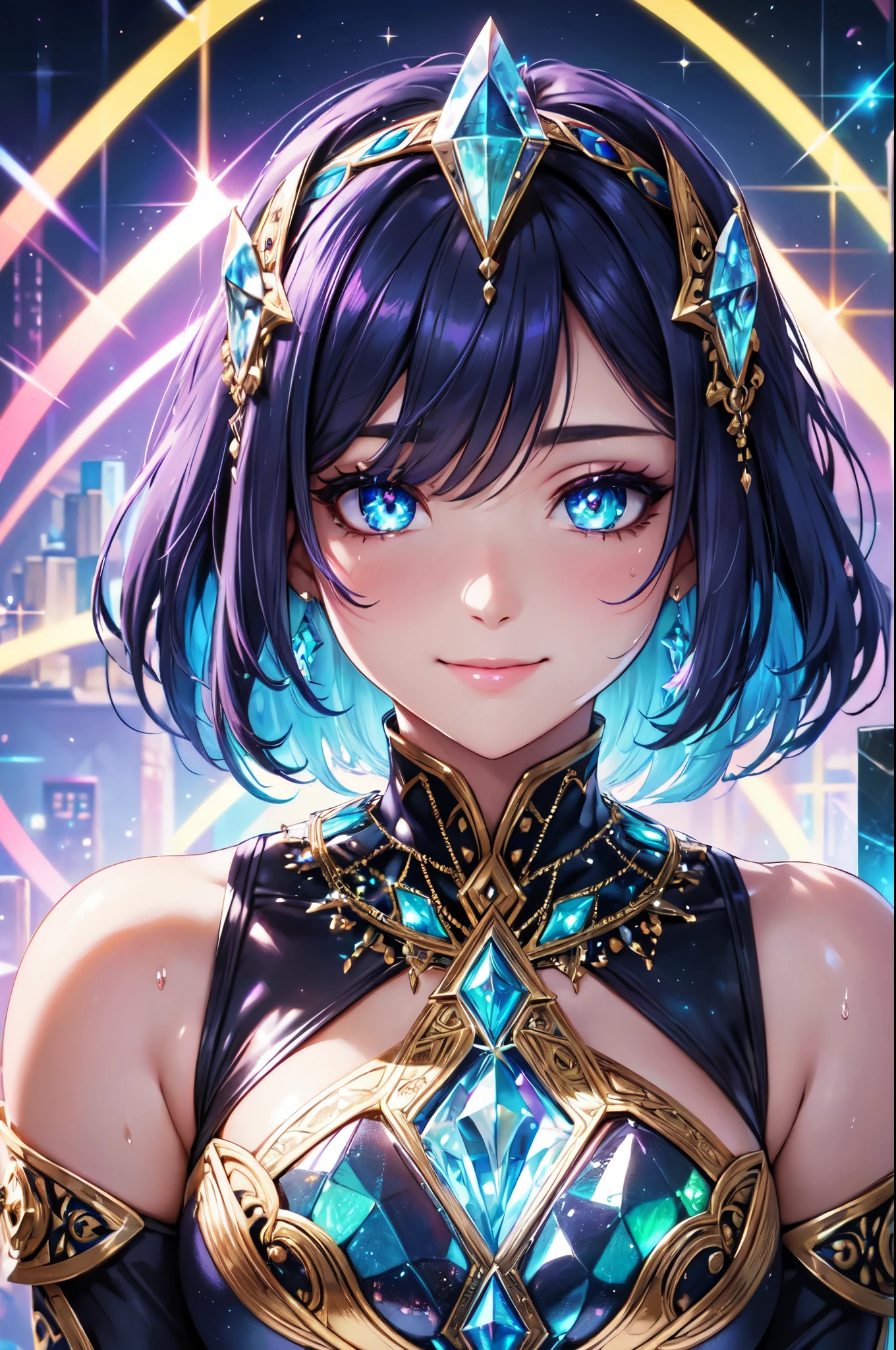 (High quality, High resolution, Fine details), woman wearing a bismuth crystal dress, shimmering, ethereal, mesmerizing, crystal clear, light reflecting, fantasy, artistic, colorful, metallic, magical, glowing, sci-fi, geometrically patterned, exquisite, elaborate, lustrous, extravagant, fabulous, intricate, meticulous, delicate, unique, avant-garde, stylish, modern, holographic, ornate, solo, curvy women, sparkling eyes, (Detailed eyes:1.2), smile, blush, Sweat, Oily skin, shallow depth of field