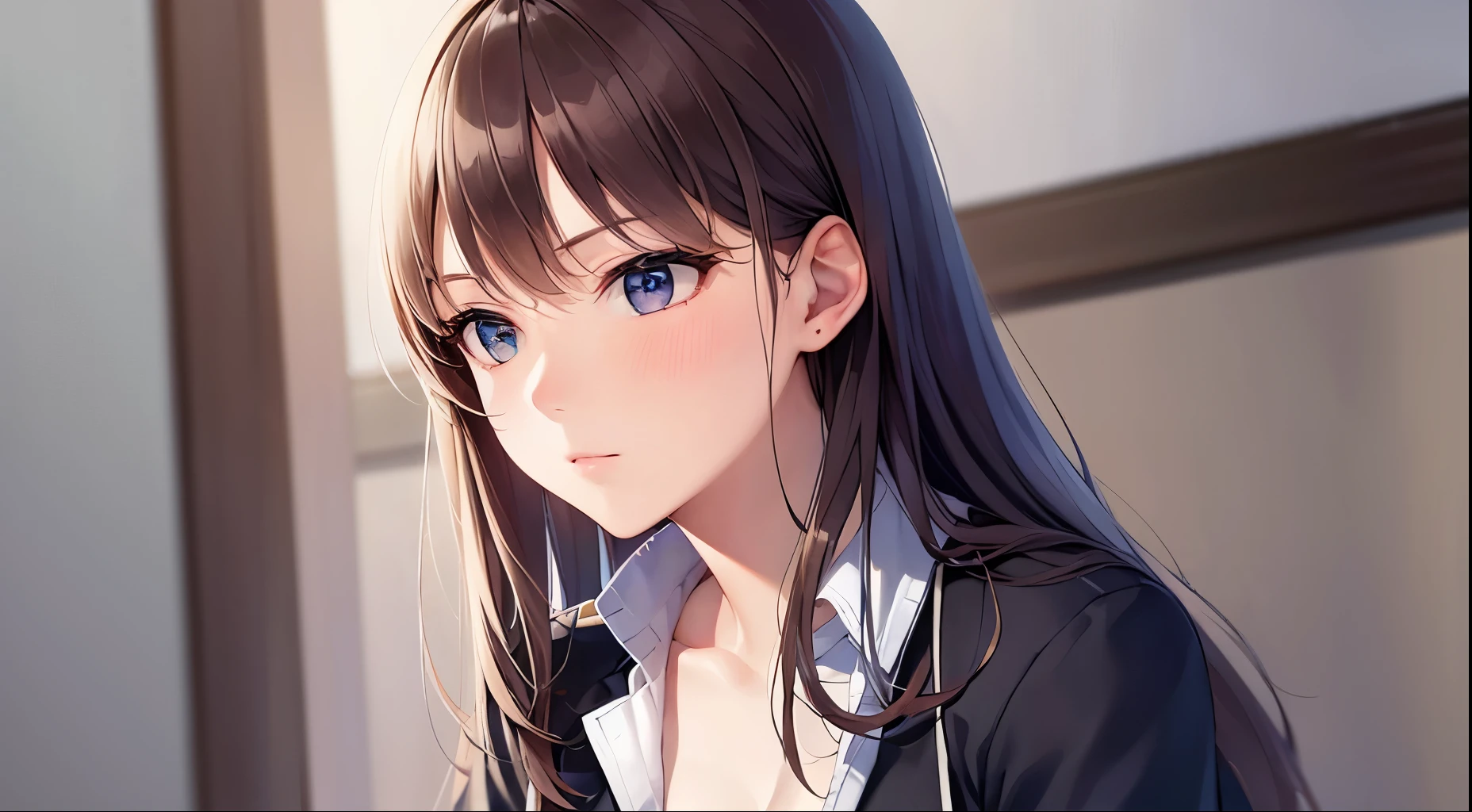 The background is an office、wall