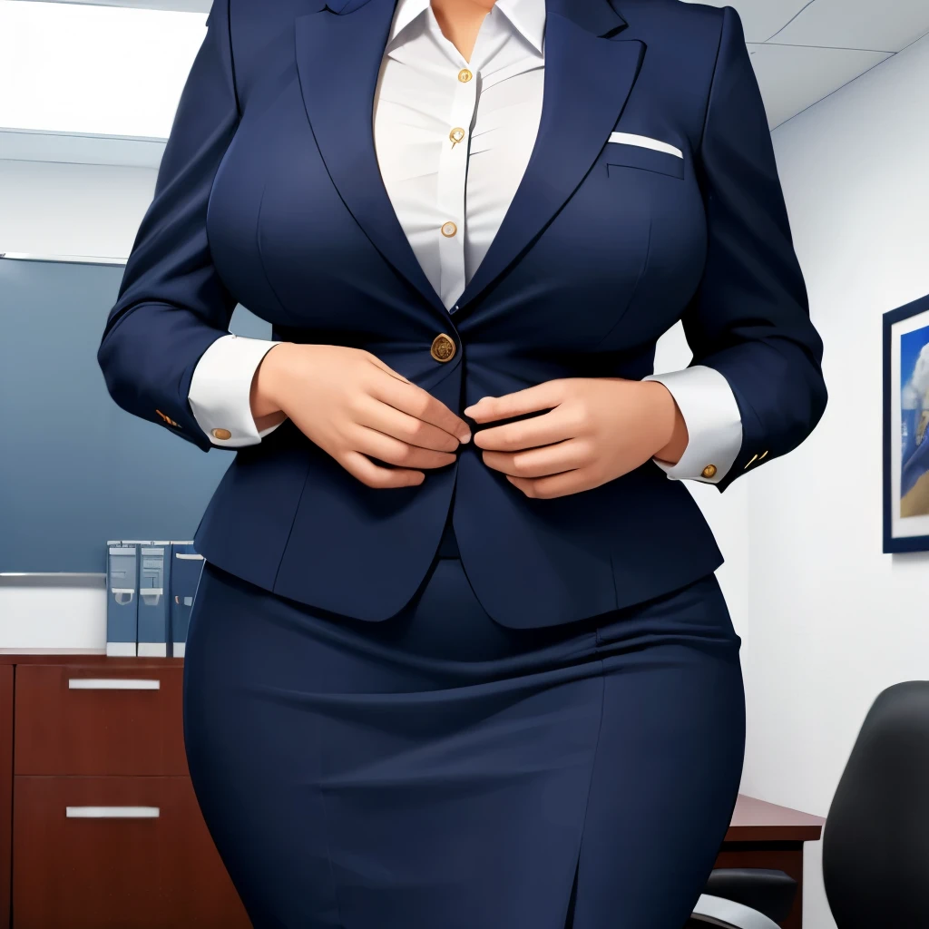 (highest quality:1.5), (masterpiece:1.5), (Office Room:1.2), solo, female, navy blue ladies suit, the skirt is super short, Glamour, (super huge :1.7), 20-year-old, (shoot from front:1.2), Are standing, close-up body