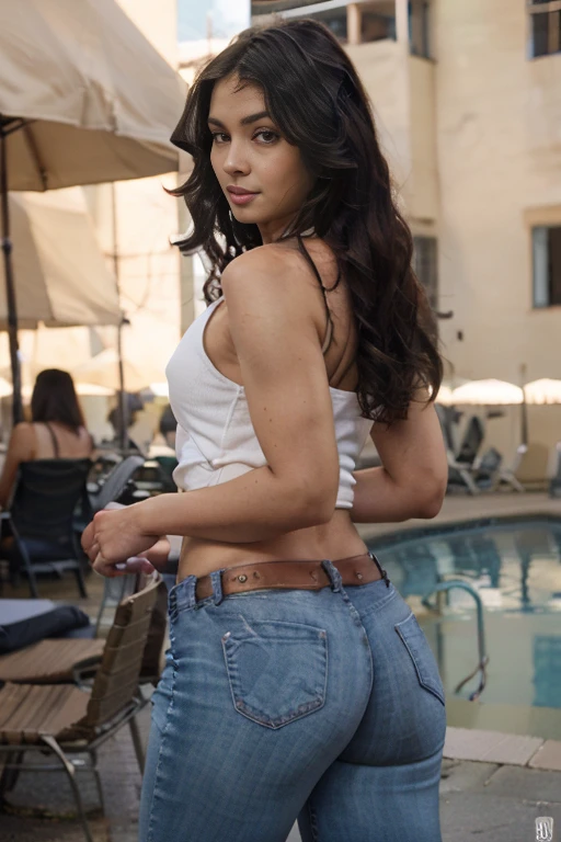 Young black girl, Wearing a small white tank top with a large neckline and jeans, Sentada em um banco, ebony skin, corpo fitness, bela garota,  Slim body, tall girl , sfw Gigantic curly hair, Sfw seios gigantescos:1.5, face delicada,  long hair, ebano skin, caminhando, muscle body definition, Big ass, Large and muscular thighs, foto de lado,