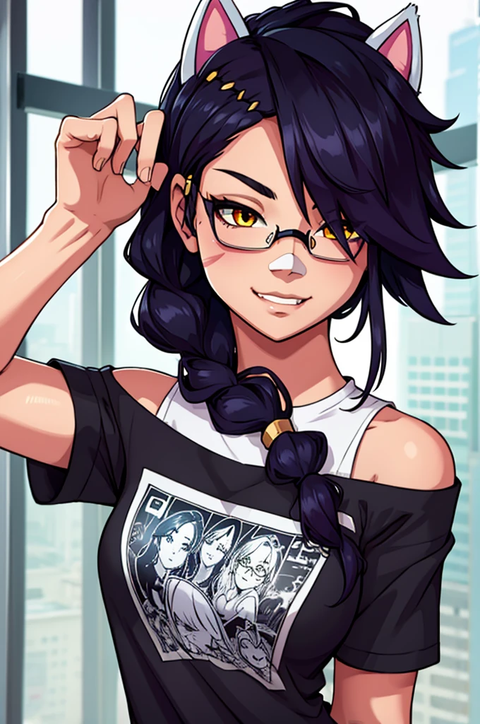 Erisa, 1girl, solo, long hair, looking at viewer, black hair, bandaid on face, yellow eyes, animal ears, smile, bandaid on nose, braid, cat ears, bandaid, bangs, breasts, fake animal ears, simple background, fang, bare shoulders, scar, teeth, shirt, tight shirt, bare shoulders, black shirt, short sleeves, closed mouth, t-shirt, hair over one eye, night city view, portrait, hair over shoulder, shorts, skin tight shirt, wet shirt, glasses, seductive, realistic, best quality, masterpiece, ultra detail, ultra high res, extreme detail, 8k