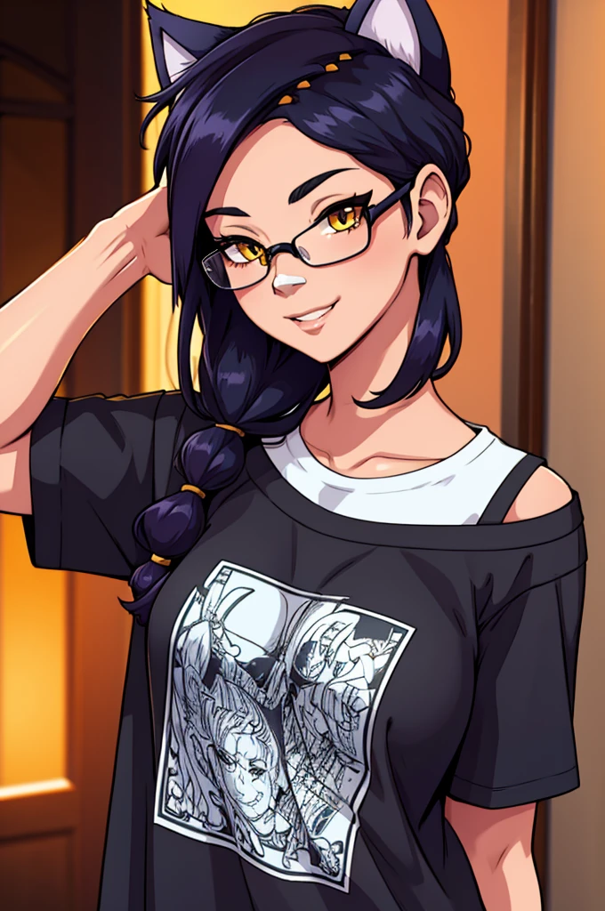 Erisa, 1girl, solo, long hair, looking at viewer, black hair, bandaid on face, yellow eyes, animal ears, smile, bandaid on nose, braid, cat ears, bandaid, bangs, breasts, fake animal ears, simple background, fang, bare shoulders, scar, teeth, shirt, tight shirt, bare shoulders, black shirt, short sleeves, closed mouth, t-shirt, hair over one eye, night city view, portrait, hair over shoulder, shorts, skin tight shirt, wet shirt, glasses, seductive, realistic, best quality, masterpiece, ultra detail, ultra high res, extreme detail, 8k