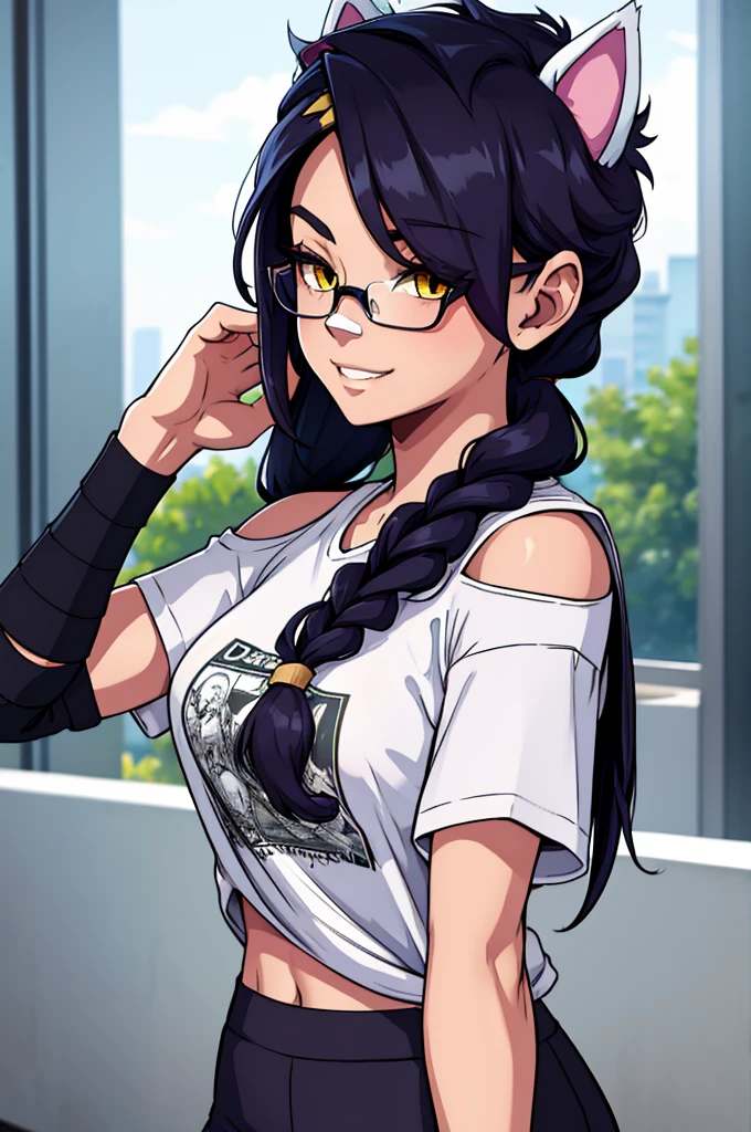 Erisa, 1girl, solo, long hair, looking at viewer, black hair, bandaid on face, yellow eyes, animal ears, smile, bandaid on nose, braid, cat ears, bandaid, bangs, breasts, fake animal ears, simple background, fang, bare shoulders, scar, teeth, shirt, tight shirt, bare shoulders, black shirt, short sleeves, closed mouth, t-shirt, hair over one eye, night city view, portrait, hair over shoulder, shorts, skin tight shirt, wet shirt, glasses, seductive, realistic, best quality, masterpiece, ultra detail, ultra high res, extreme detail, 8k