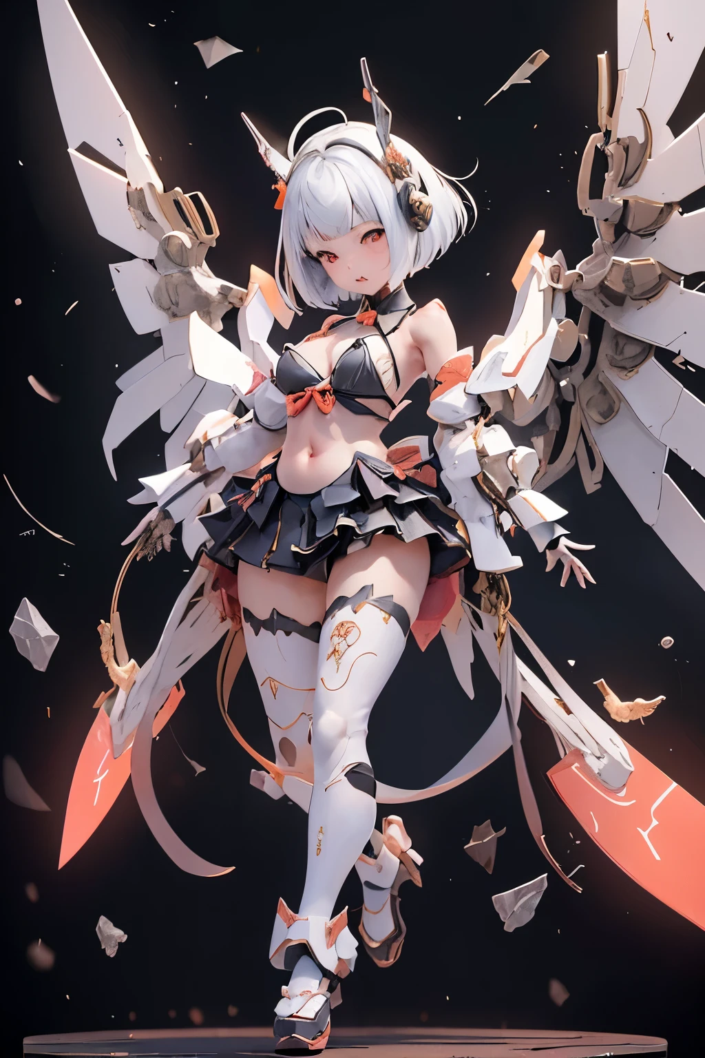 {(japanese young girl)}, (She is fused with futuristic Gundam mecha:1.1), white theme, with headgear, with v-fin , ((unarmored cleavage)), ((unarmored stomach)), ((unarmored upper arms)), ((unarmored face)), (unarmored hands), (unarmored waist), ((unarmored thighs)), (unarmored ankles), japanese girl wear white micro bikini, doggy style:1.2, full body:1.5, ,destroyed city background, multilayer textureperfect proportions, octane rendering, duotone lighting, Low ISO, wide aperture, White balance, Rule of thirds, ultra HD16k, HDR (High Dynamic Range), Ray Tracing, NVIDIA RTX, Super Resolution, Subsurface Scattering, PBR Texturing, Post Processing, Anisotropic Filtering, Depth of Field, Maximum Clarity and Clarity, High efficiency subpixel, subpixel convolution, particles of light, light scattered, Tyndall effect, full body:1.5, doggy style, cute, (cute:1.2), (bob cut:1.3),三つ編み, 黒髪, 太い眉毛, 薄い色の虹彩, 大きくて輝いている黒い瞳, 長いまつげ, 小さく薄い色の自然な唇, (Average face of Japanese idols), (日本人特有の童顔:1.3), (baby face), 広いおでこ:1.2, ふっくらした頬, 小さな顎, visible side boob, (mechanical wings), holding weapon,holding huge weapon, holding Very large shield, , asymmetric body,looking at viewer,Focus on the eyes,with sleek and menacing design, (完璧な4本の指, 親指1本),