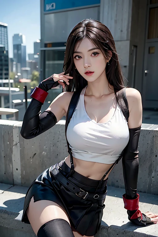 photorealistic, high resolution, 1 girl, hips up, tifa lockhart, final fantasy vii remake, ankle boots, black hair, black skirt, black thighhighs, boots, breasts, cityscape, crop top, elbow gloves, elbow pads, fingerless gloves, gloves, head rest, lips, long hair, looking at viewer, low-tied long hair, medium breasts, nose, red eyes, red footwear, single elbow pad, sitting, skirt, solo, sports bra, suspender skirt, suspenders, tank top, thighhighs, white tank top