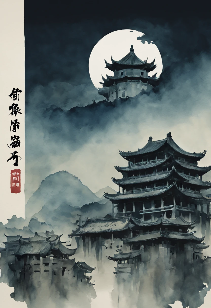The dim lighting environment depicts the faint glow of the town. (stills:1.5), (poster:1.5), (Ink painting and watercolor:1.5),((actual))),((masterpiece), (best quality), 超high resolution, (original photo:1.2), (photoactual:1.4), Excellent details, dramatic lighting, high resolution, 8k, ridiculous,Chinese building, Chinese tower, obsolete, (Chinese_clear_zombie:1.5),The color palette is dark and ominous, Create an atmosphere of fear. The overall composition reflects the ink elements of Asian horror posters and traditional Chinese aesthetics