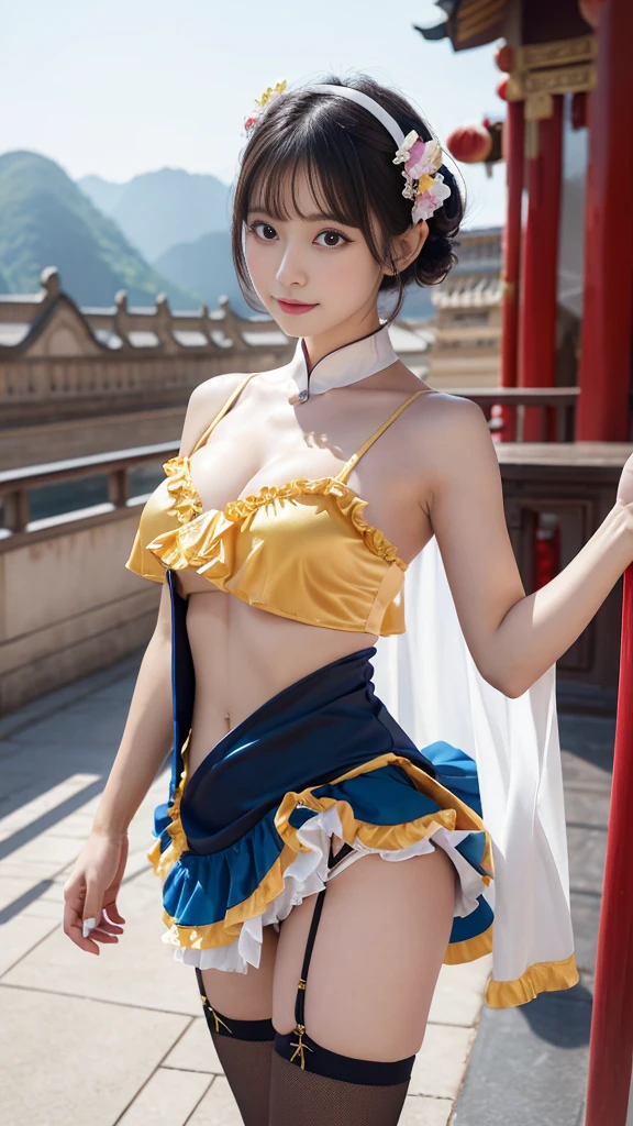 (((very detailed , 8k wallpaper, masterpiece, High resolution, highest quality))), ((Beautiful woman, Model-like posture, acrobatic pose,fighting pose,)),((China dress style idol costume, cute and sexy costume with cute colorful frills and sexy slits on the costume):1.5),(China dress style idol costume:1.4),
(cute and sexy costume with cute colorful frills and sexy slits on the costume:1.3), ((very detailed顔, very detailed black eyes, extra detailed body, highest qualityのリアルテクスチャスキン)), (Short Bob Cut Hair, white skin,), (Chinese style wall), surreal, digital paint,