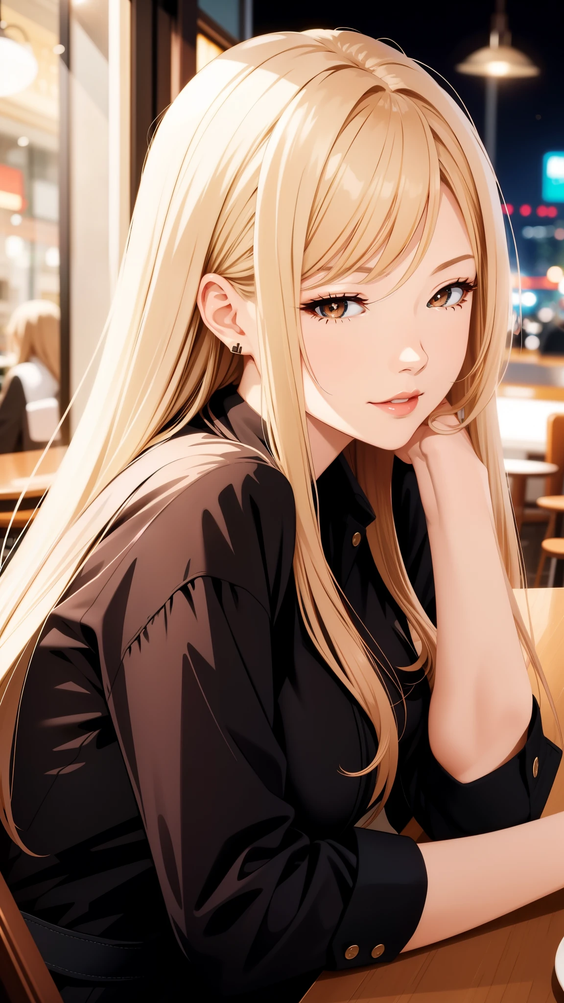 cool adult woman, nee-san type, long hair, swept-side bang, [[[brown hair]]], blonde hair, brown eyes, elegant posture, confident, sitting in cafe, fashionable clothes, illustration, ultra-detailed, highres, vivid colors, outdoor lighting, close-up portrait