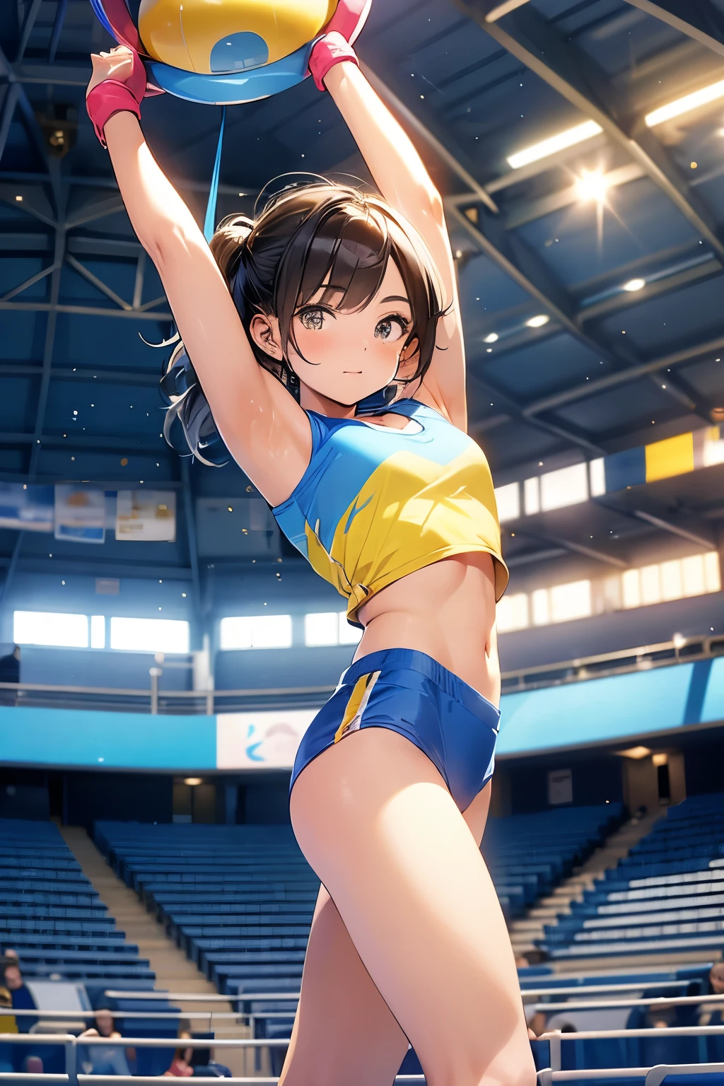Rhythmic Sportive Gymnastic, 16-year-old girl, Yellow and blue outfit, Indoor gymnastics arena,