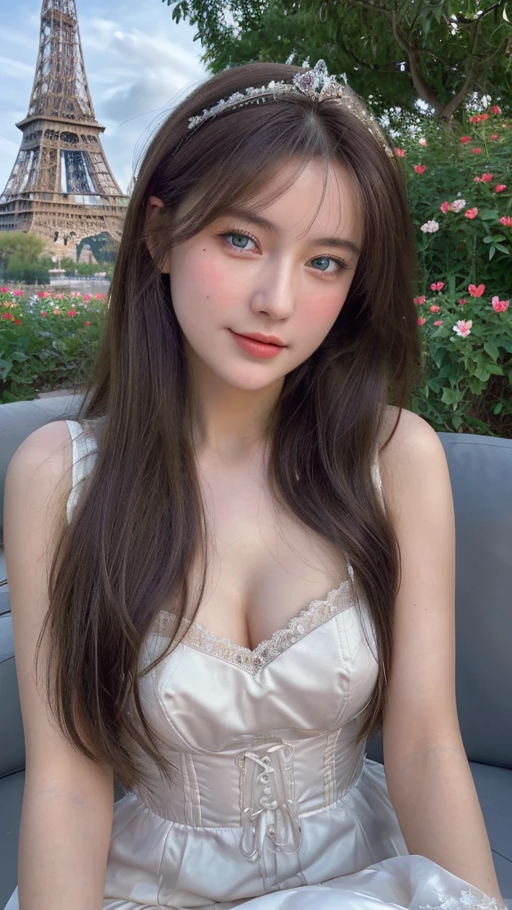 (masterpiece:1.2),best quality,high resolution,unity 8k wallpaper,(illustration:1),perfect lighting,photo_\(medium\),photorealistic,realistic,RAW, analog, Nikon Z 85mm, award winning glamour photograph,((best quality)), ((masterpiece)), ((realistic)), 18th century, vintage image, gorgeous French woman wearing, lace dress and corset, wearing a crown, 25 year old, (long brown hair), hazel eyes, small perky breasts, sitting outside at a Paris caf, eiffel tower in background, , ((small breasts)), innocent, flower pedals in the air, (freckles:0.6), intricate details, highly detailed, sharp focus, professional, 4k, spring flowers blooming, god rays, hand model, stunning blue eyes, , delicate, innocent,highres, detailed facial features, high detail, sharp focus, smooth, aesthetic, extremely detailed, photo_\(ultra\), photorealistic, realistic, post-processing, max detail, roughness, real life, ultra realistic, photorealism, photography, 8k uhd, photography, SEMI-SILHOUETTE light, russian face