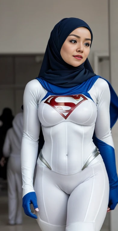 a muslimah woman in hijab wearing all-white modern Hi-Tech supergirl suit, skin tight spandex