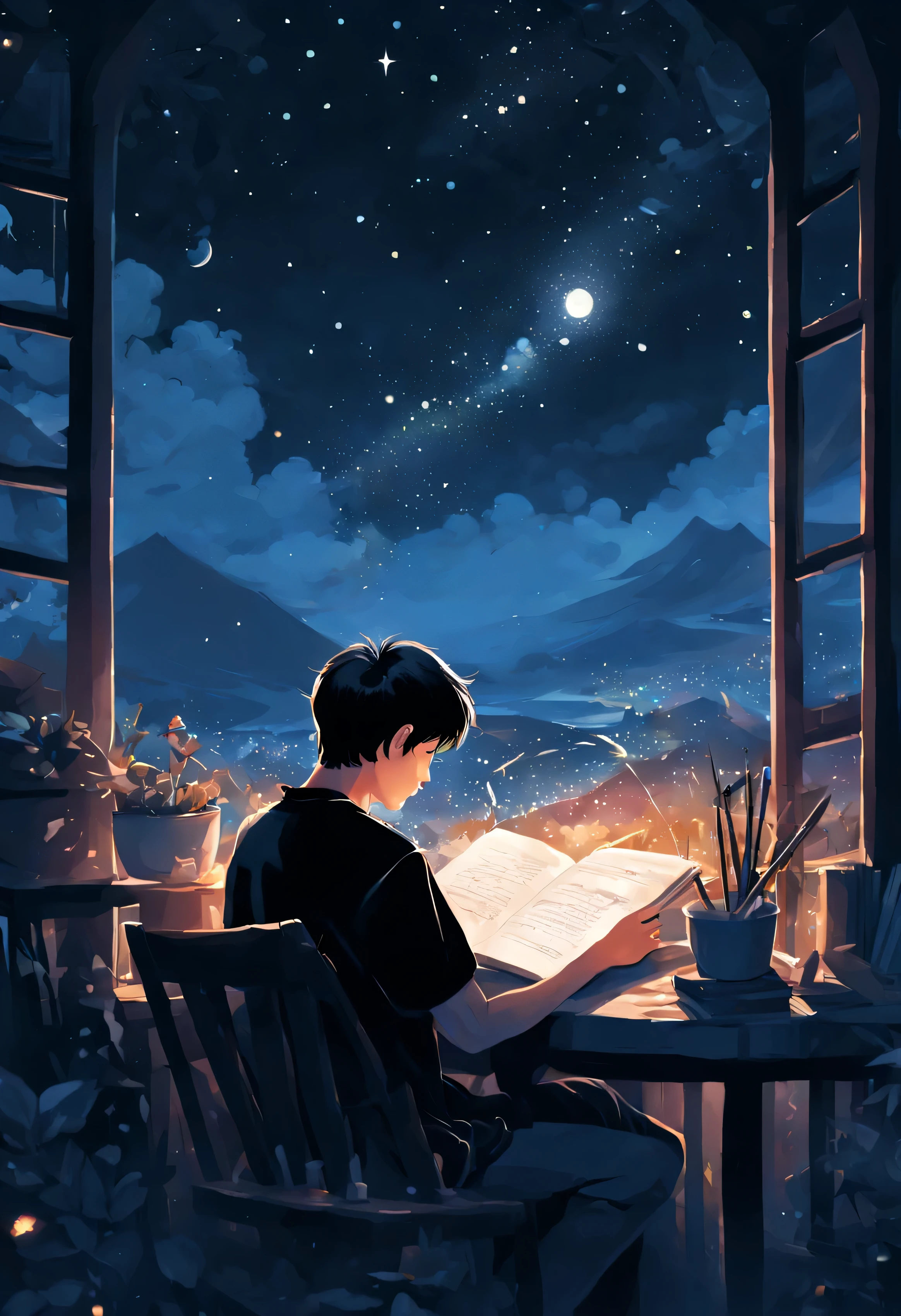 a young Korean man in a black t-shirt is writing a book under night sky, digital art, by Marshall Arisman, cover illustration, 70mm, 7 0 mm, 70 mm, book cover illustration, by Brigette Barrager, album cover, novel cover art for a book, art concept for a book cover, cover art, 7 feet tall