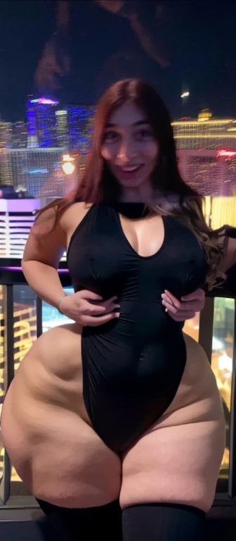 arafed woman standing on a balcony, 3 0 years old woman, 30 years old woman, around 20 yo, in las vegas, standing in a dimly lit room, at future neon light rooftop, 1 8 yo, wearing black, 2 , 2 8 years old huge tits, no clothes, sexy, cute, wide hips, thick thighs, pear-shaped body, minimal clothes, thick, extra wide hips, bbw, wide girl, giant tits, tits busting out, nipple showing, spilling out the side, sideboob, fat showing, minimal clothes, thick, thicc, upper body zoom, showing waist, hard nipples, see through top, down to knees only