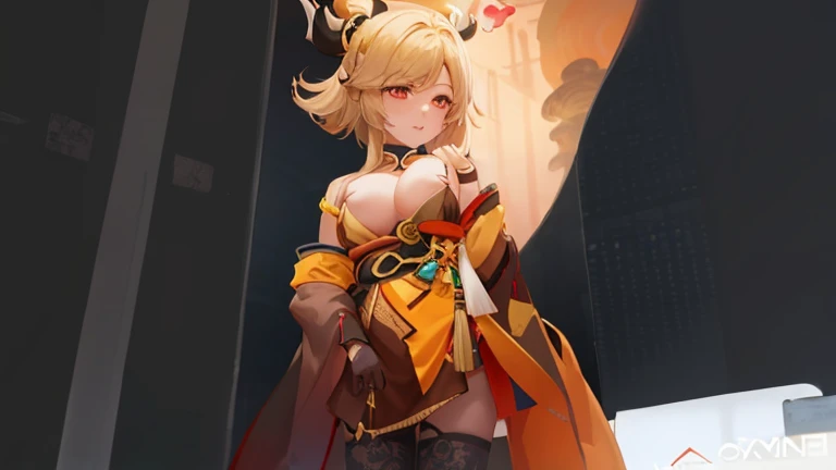 There&#39;s a woman in costume standing in front of the screen, Onmyoji, Onmyoji detailed art, fluffy orange skin, Ayakashi original god impact, Inspired by Yang Jie, Ayaka game genshin impact, Ramlethar Valentine&#39;s Day, wlop sum sakimichan, Inspired by Yang Jiein, ahri, it was