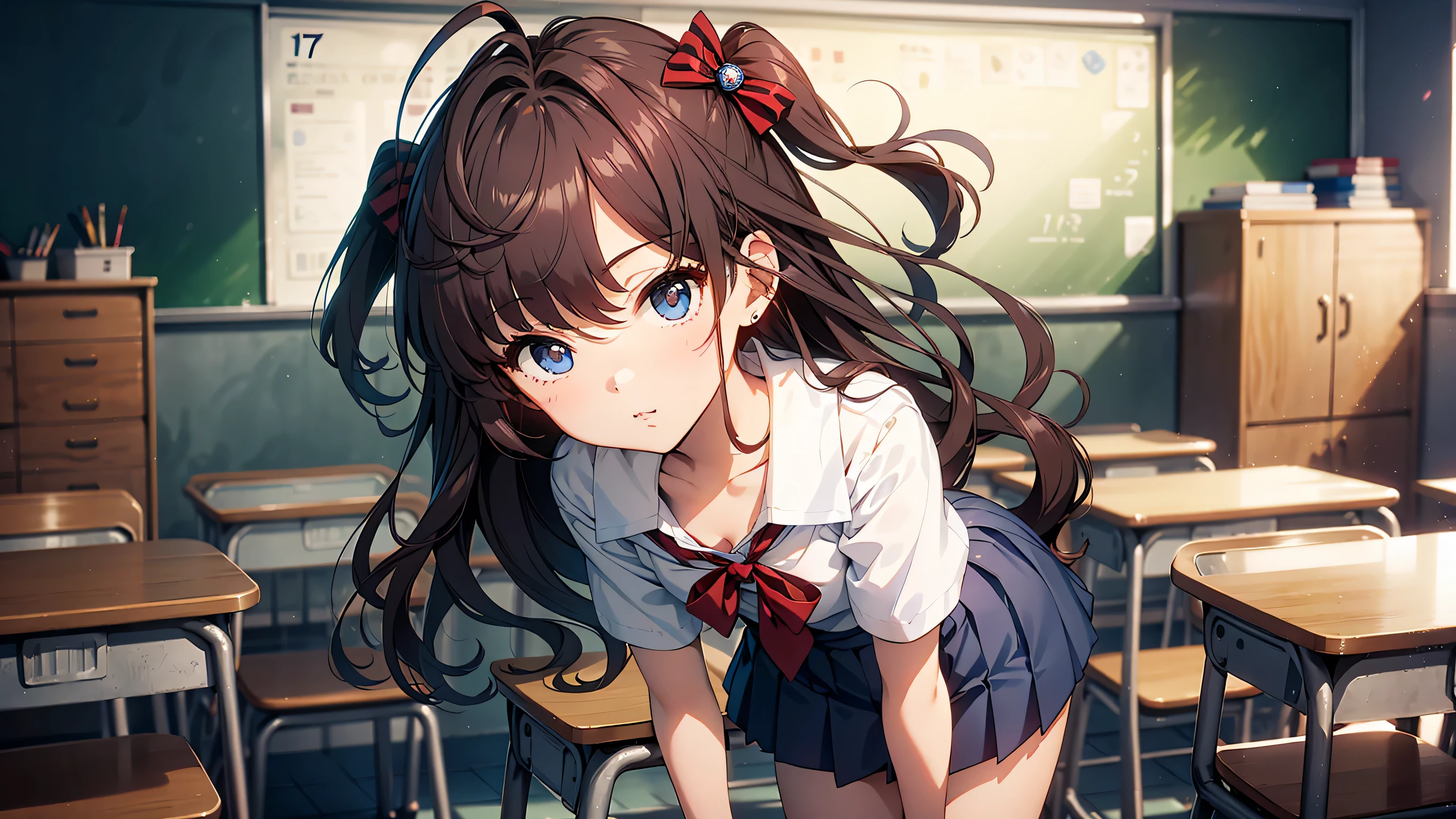 masterpiece, best quality, highres, ichinose shiki, idolmaster, long hair, two side up, hair bow, ahoge, medium breasts, earrings, sailor school uniform, school scenery background, classroom (Please draw a single one girl standing up in a classroom school :1.3) ((1girl)), (Solo, face,-yeld:2. a high school student. Full limbs, complete fingers, ((perfect fingers)), medium butt, groin, perfect eyes, sailor school uniform white and blue ((The blouse is white, skirt is blue, red bow on the blouse, blue sailor collar, short sleeves:)) (Detailed Lighting), (Detailed background), (in the school zone), full body view, standing, legs, uwabaki shoes. Cute, kawaii single girl (one girl), full body shot. Background is the school, front body ((standing up))