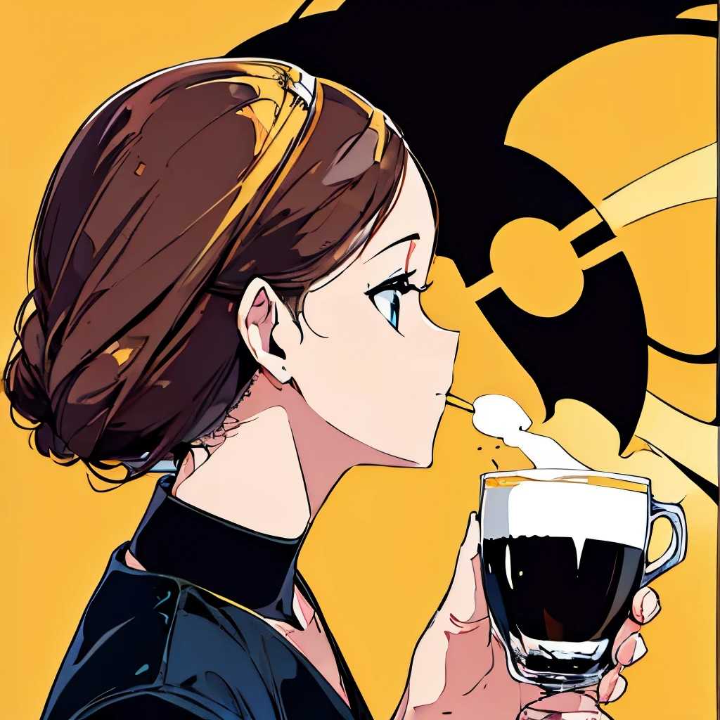 Profile of a woman with a coffee cup on a yellow background