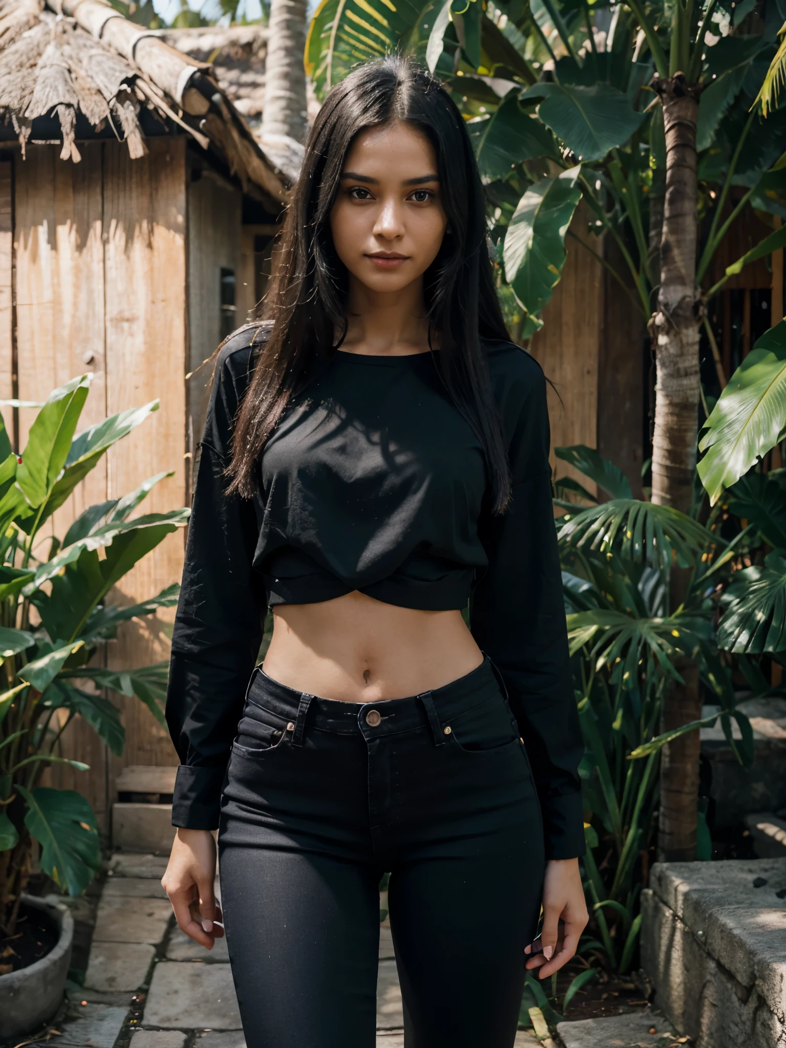 8k, RAW photo, best quality, ultra high resolution, photorealistic, realistic photo of skinny girl in tropical village, (skinny girl, slim face, straight hair, black hair, tanned skin) in the tropical village, full body portrait, wearing tight black jeans, (tight black jeans), wearing tiger print blouse, tiger print blouse, looking at viewer, smirking, (extremely detailed CG unity 8k wallpaper), Sharp focus, dramatic, (bright light)